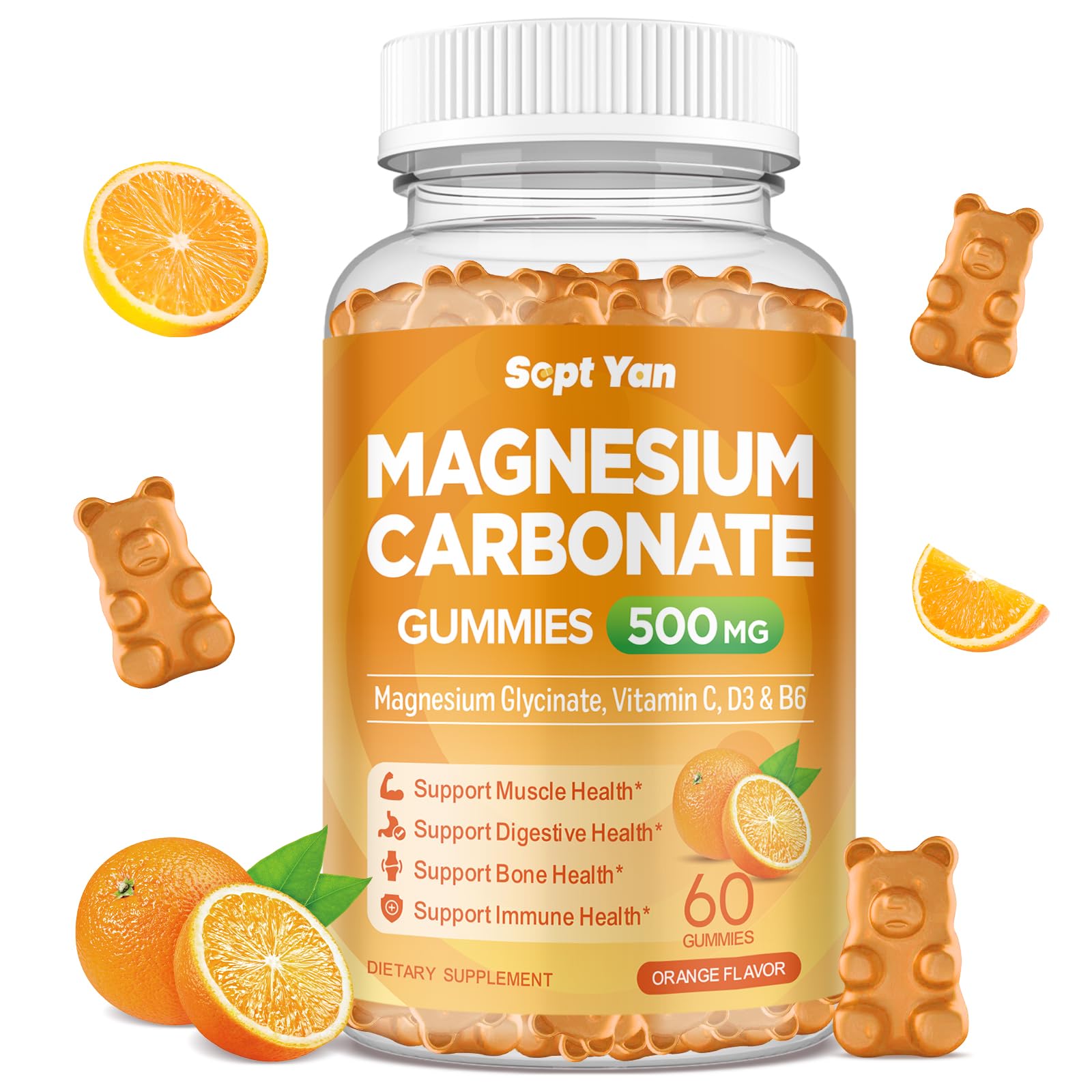 Magnesium Carbonate Gummies 500mg, Magnesium Supplement with Vitamin C, D3 & B6 for Muscle, Bone, Digestive & Immune Support, Orange Flavor, Sugar Free, Vegan, 60 Count