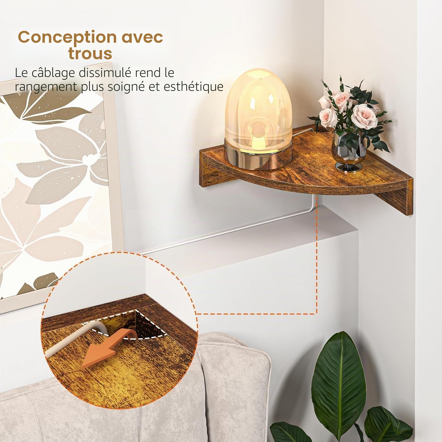 Lot de 3 étagères d'angle suspendues en bois rustique flottant avec trou pour fil de fer - Style vintage maison de campagne - Pour chambre à coucher, salon - Marron