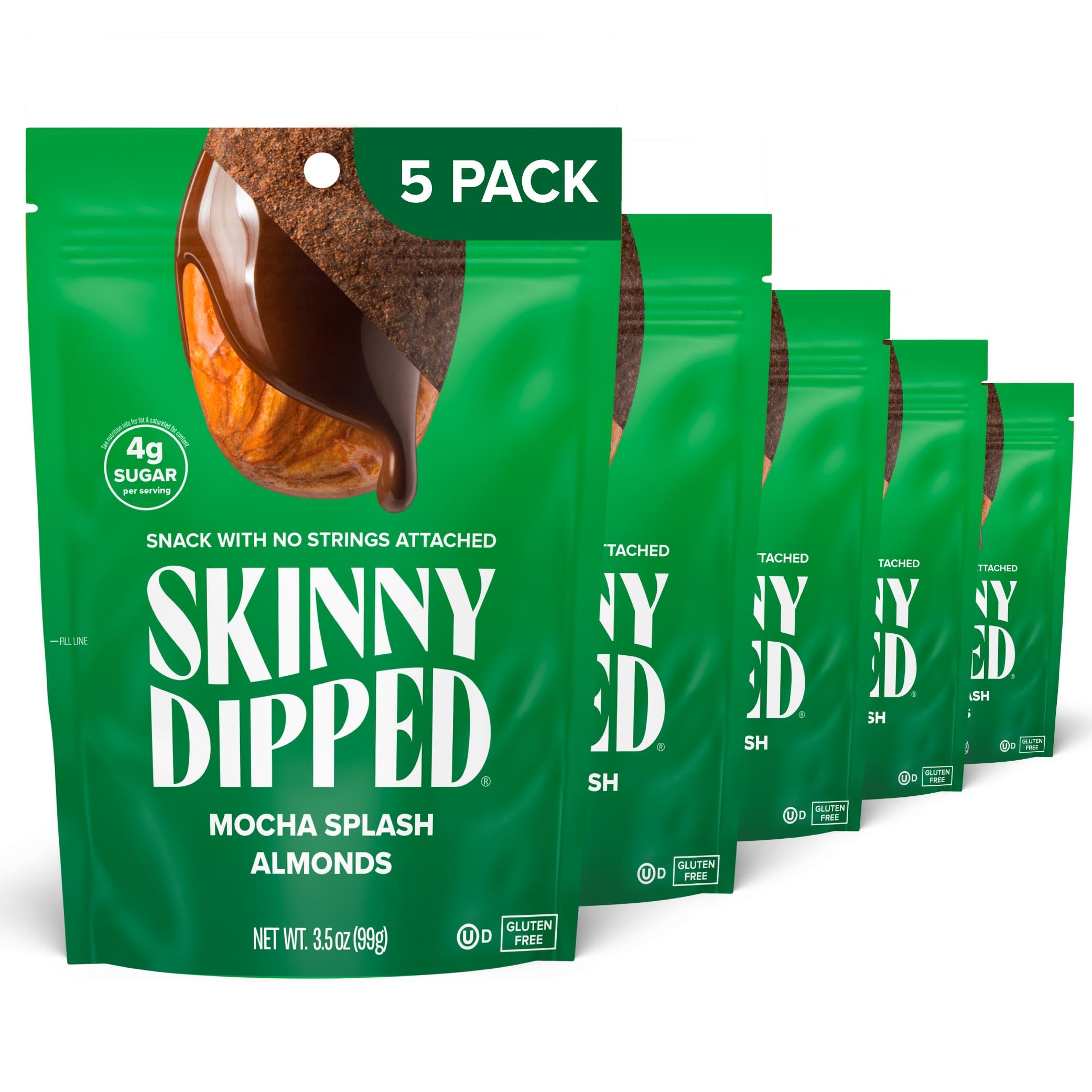 SkinnyDipped Mocha Splash Almonds, Healthy Snack, Plant Protein, Gluten Free, 3.5 oz Resealable Bags, Pack of 5