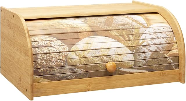 woodluv Bread Bin Countertop Bread Storage for Kitchen With Printed Roll Top Lid, 40 x 25.5 x 17.5 cm