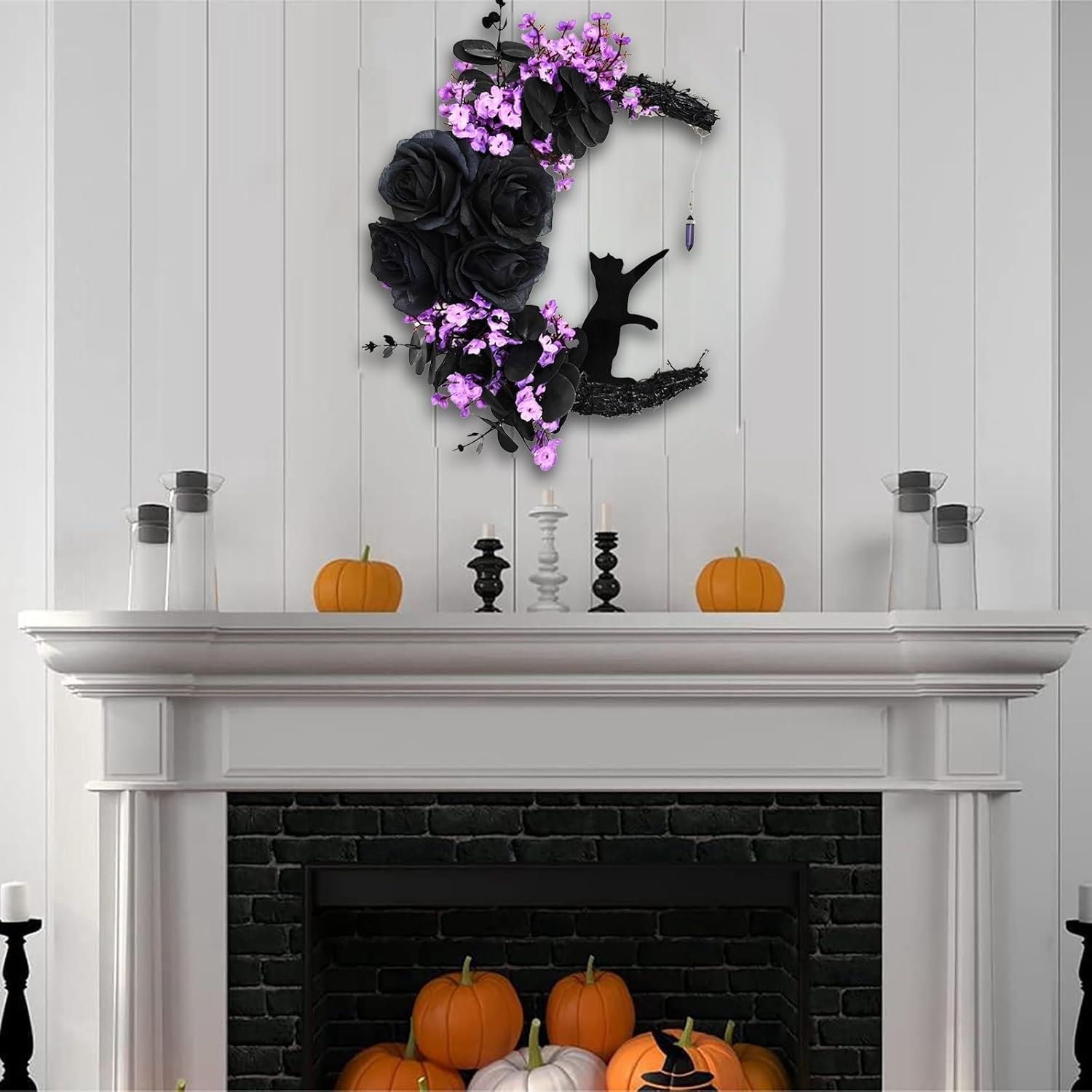 Halloween Wreath, Artificial Unique Black Cat Garland with Purple Flowers Halloween Door Wreath,Fall Halloween Decorations for Home Window Indoor Porch Outdoor Wall Farmhouse Ornaments