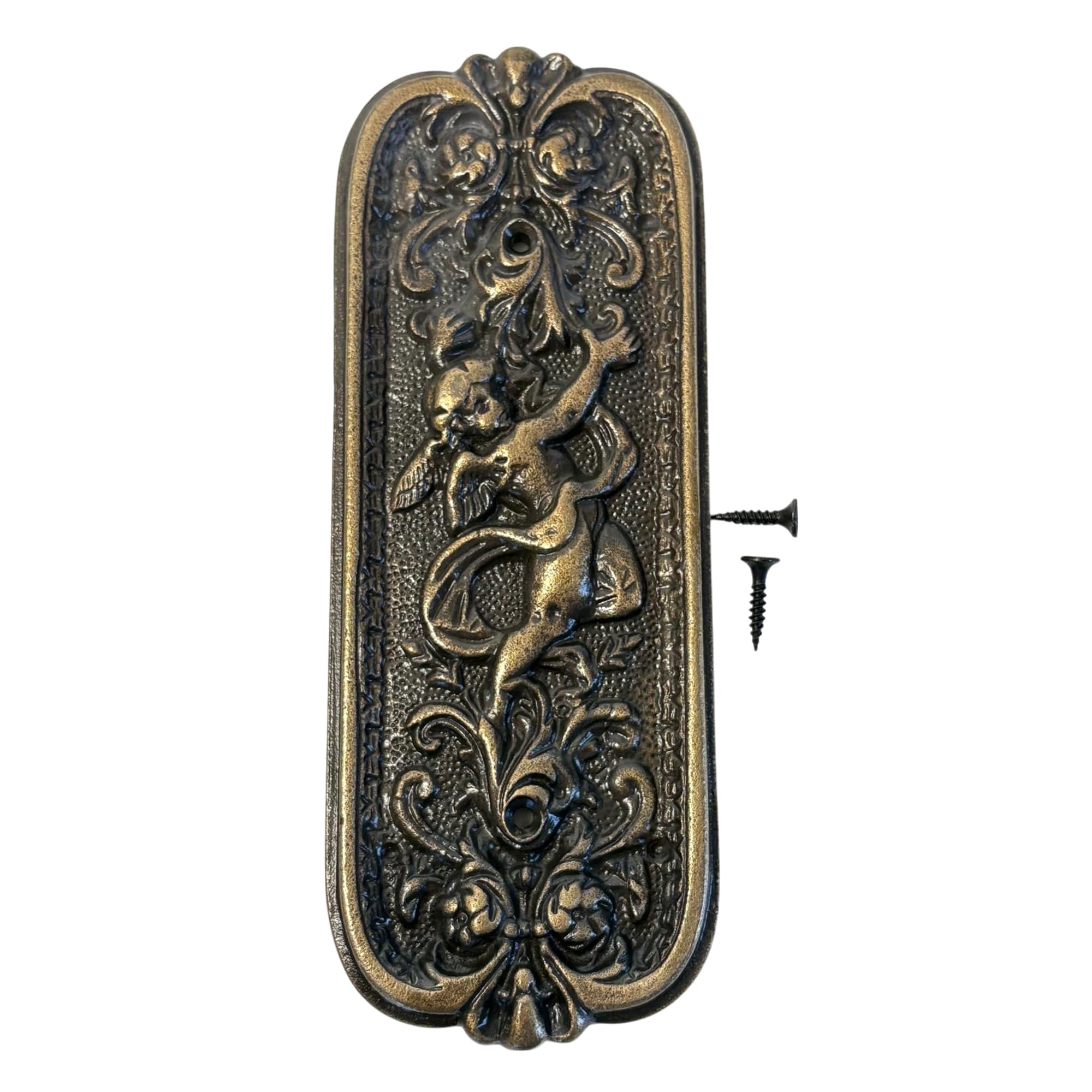 Thorness Antique Brass Antique Rustic Brass Door Push Plate With Ornate Cherub Design - Vintage Finger Plate Decor