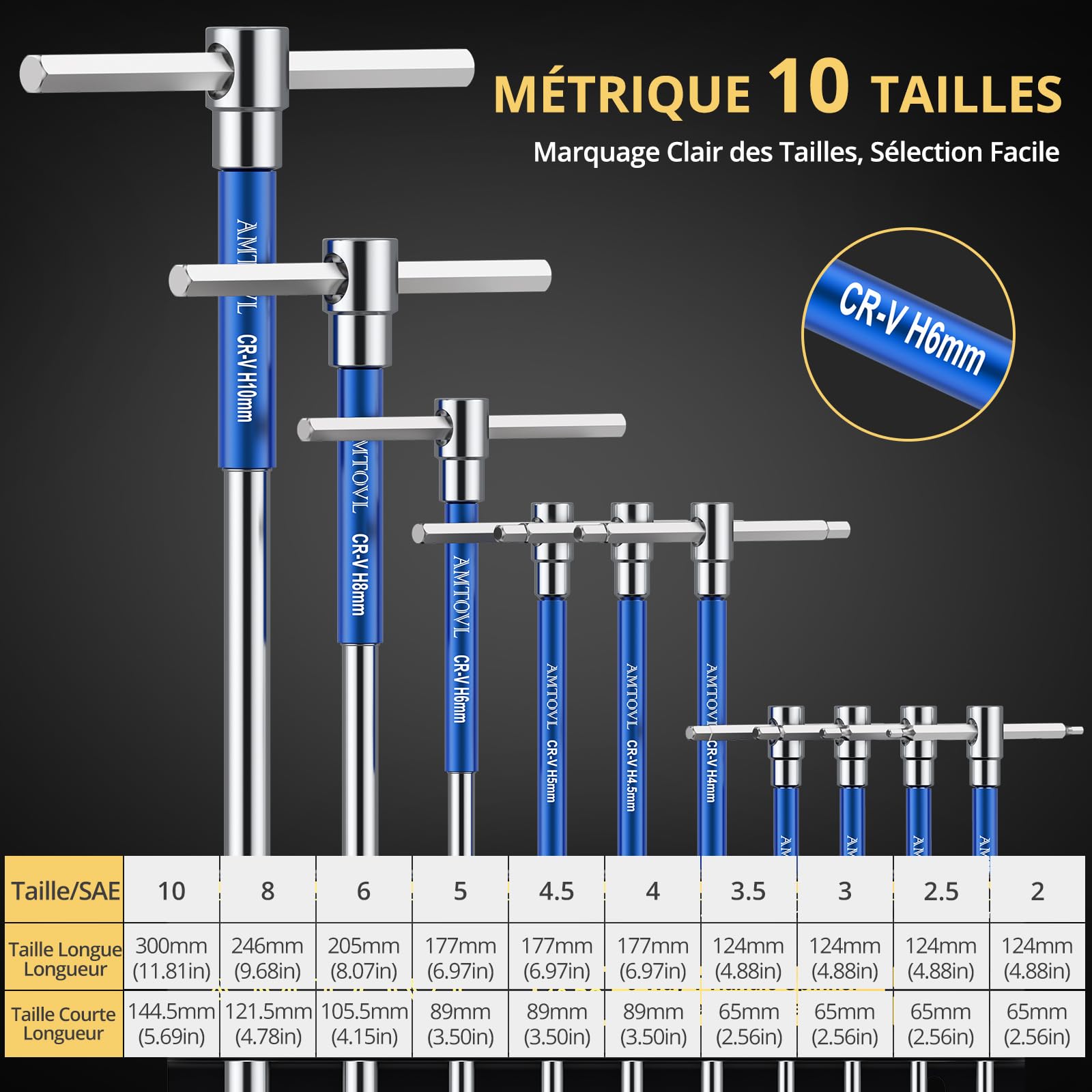 AMTOVL 10PCS Clés Allen à Poignée en T 2-10mm T Handle Clés hexagonales Poignée à Rotation Rapide avec Étagère de Rangement Outil de Tournevis Matériau CRV Chromé