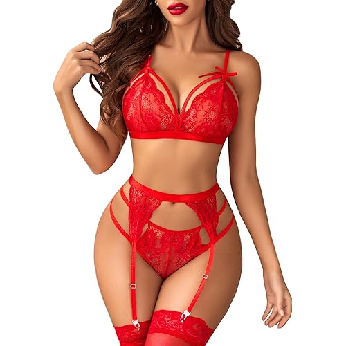 Avidlove Women Lingerie Set Lace Teddy Strap Babydoll Bodysuit with Garter Belts