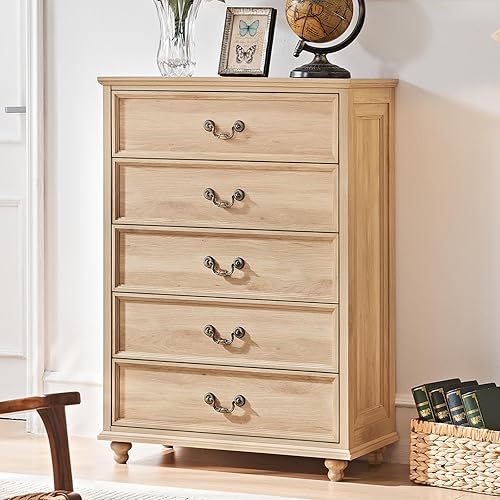 Miniatura 28 de Cómoda de 5 cajones estilo granja para dormitorio, cofres de cajones rústicos de 45" de alto con 4 patas de madera maciza, cómodas de almacenamiento