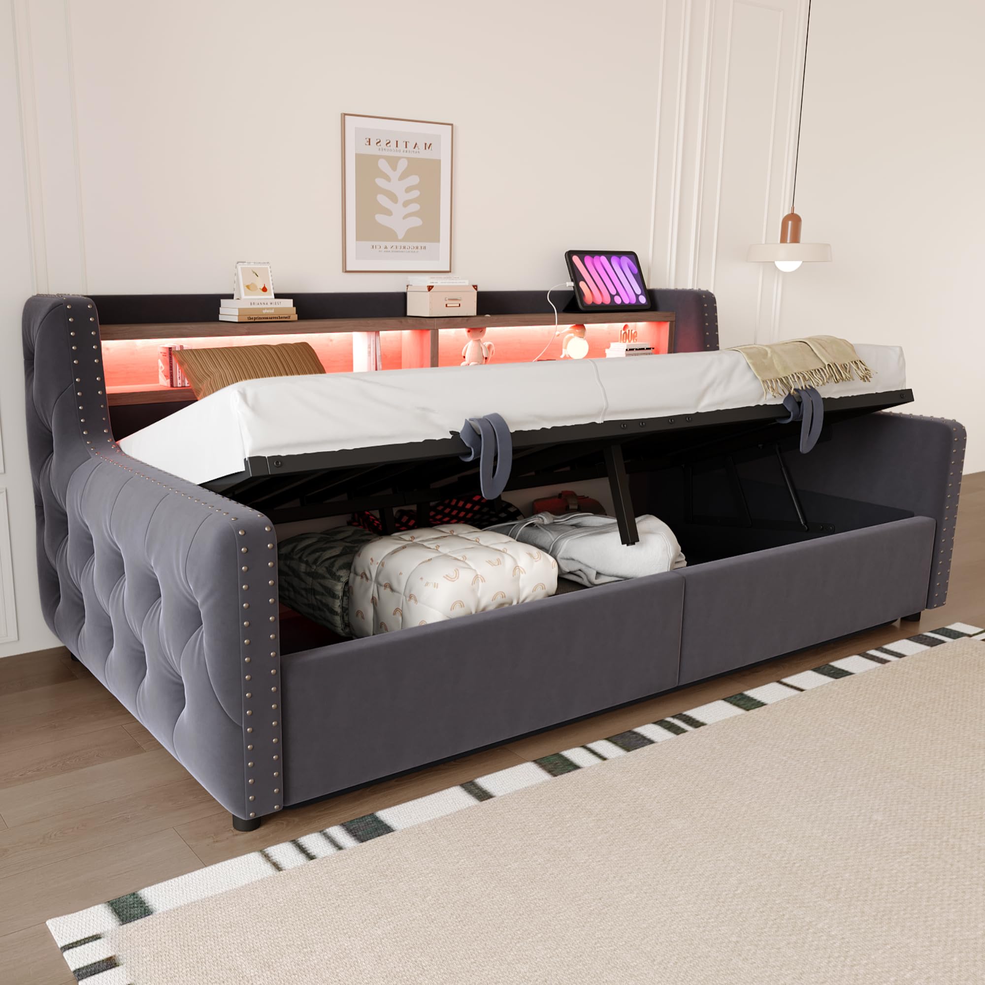 Schlafsofa Kinderbett 90x200 mit LED Streifen und USB Anschluss | Polsterbett Einzelbett mit Hydraulisch Stauraum, Stauraumbett Bett Bettgestell mit Lattenrost, Ohne Matratze, Samt,Dunkelgrau