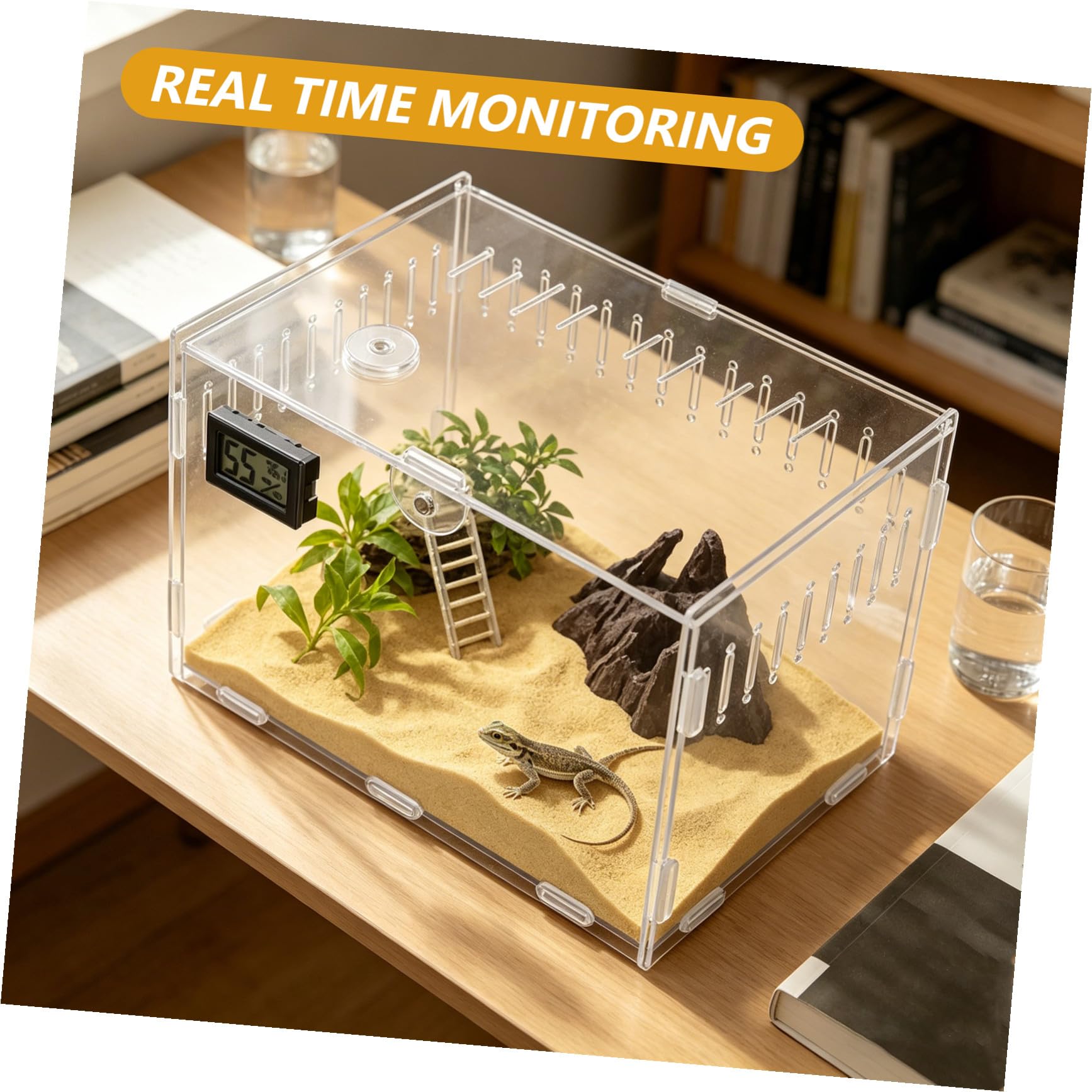 Terrario con Ventilazione in Acrilico Trasparente per Rettili 360° e Termometro per Monitoraggio umidità in per Allevatori di Domestici
