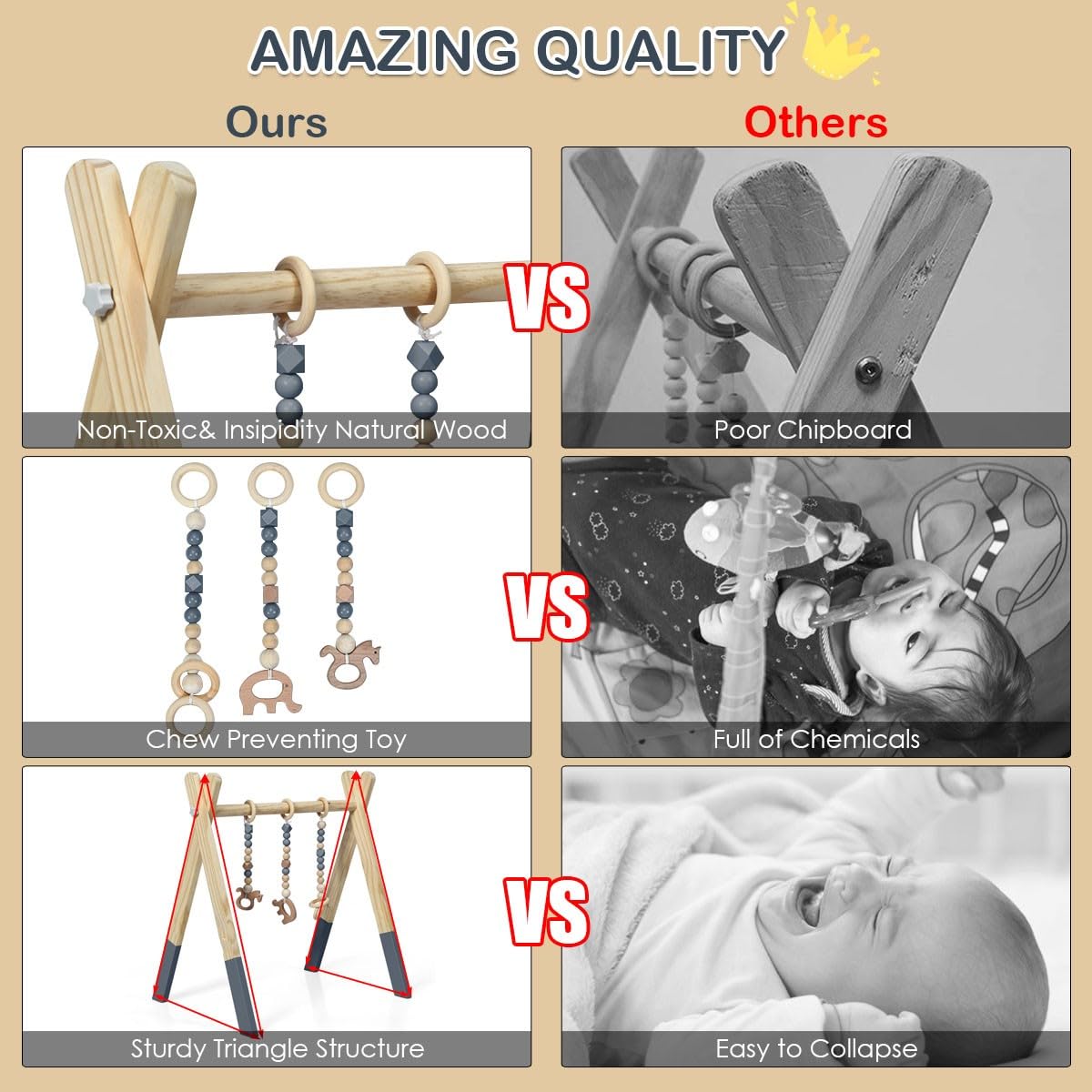 LIFEZEAL Gimnasio Bebé, arco de juego de madera para bebés, equipo de juego para bebés con 3 juguetes, gimnasio plegable para bebés a partir de 3 meses(Gris)
