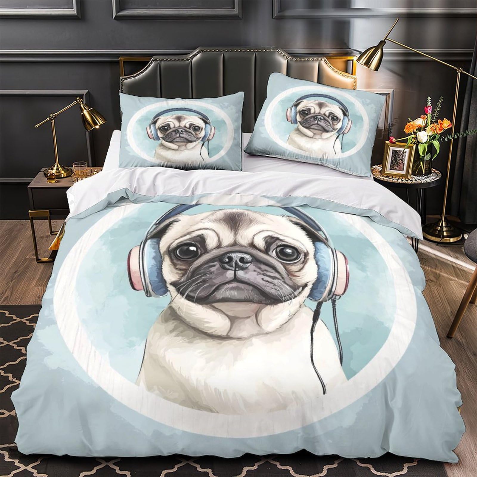 MMDASBVPE Pug with Headphones Comforter Cover 3D Print Hypoallergenic 3PCs Bed Linen Hidden Zipper Duvet Cover Extra Soft Machine Washable for Teens Youth Adults Women Kids Boys Double（200x200cm）