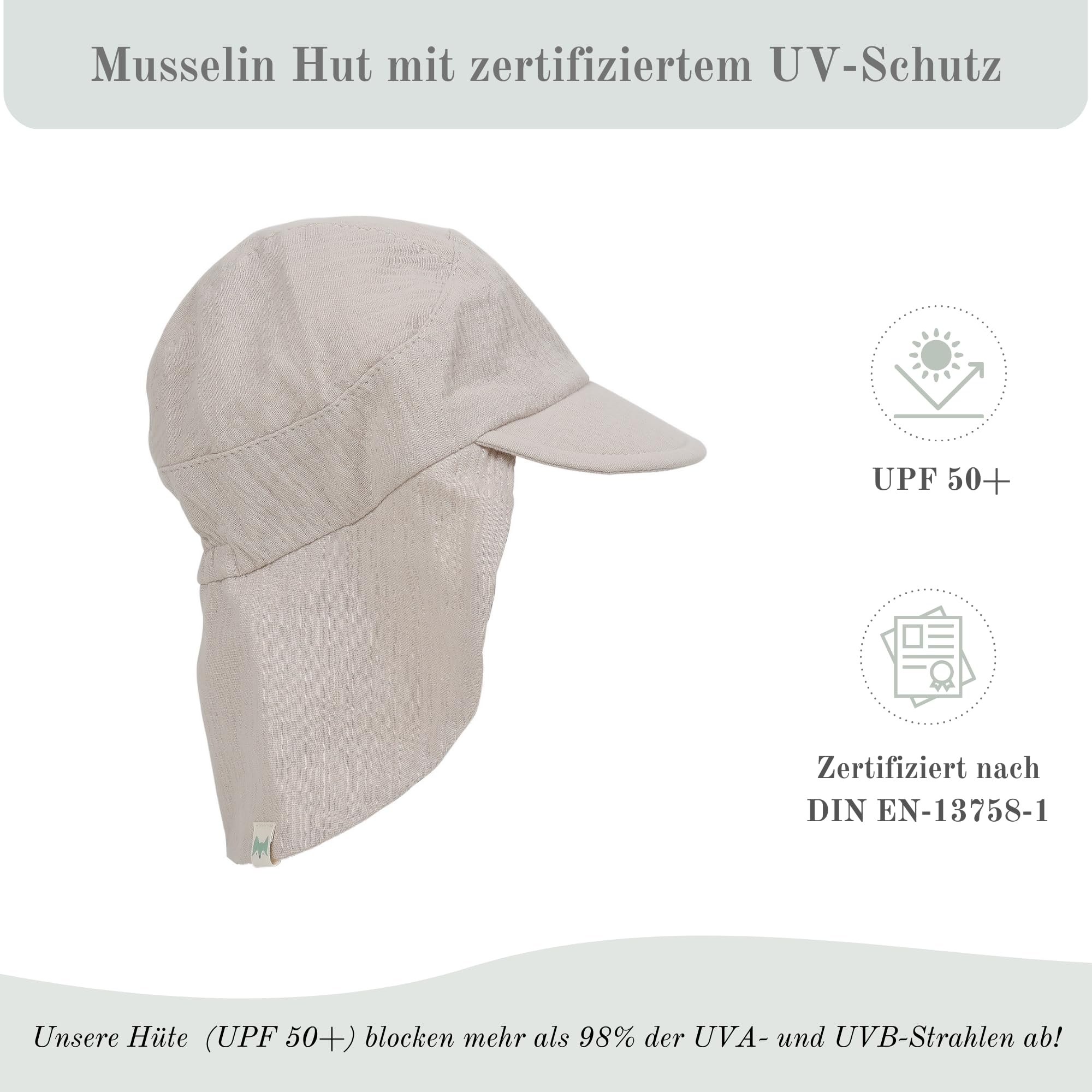 Musselin Schirmütze Sonnenhut mit Nacken- und Ohrenschutz UV-Schutz (UPF 50+) für Babys und Kinder - Unisex - 3
