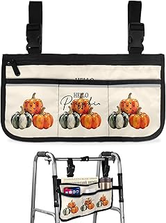 Orange Green Pumpkins,Wheelchair Side Bag, Wheelchair Walker Armrest Bags with Cup Holder & Reflective Stripes, Mobility Scooter Walker Rollator Wheelchair Accessories Fall Thanksgiving Autumn Harvest