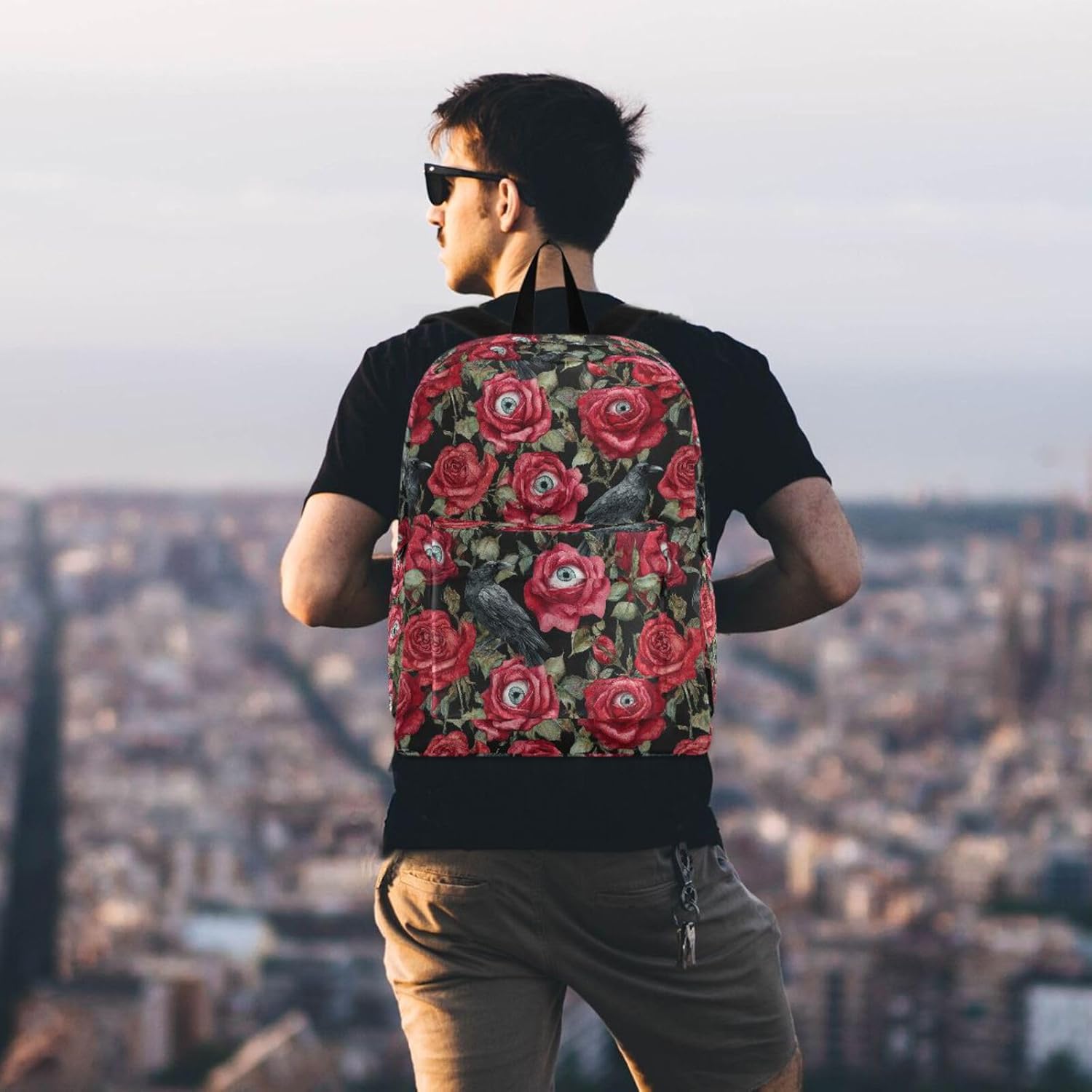 Halloween Red Roses with Eyeballs Crows Big Travel Laptop Backpack Durable Computer Bag Gift for Men Women School Bookbags Work