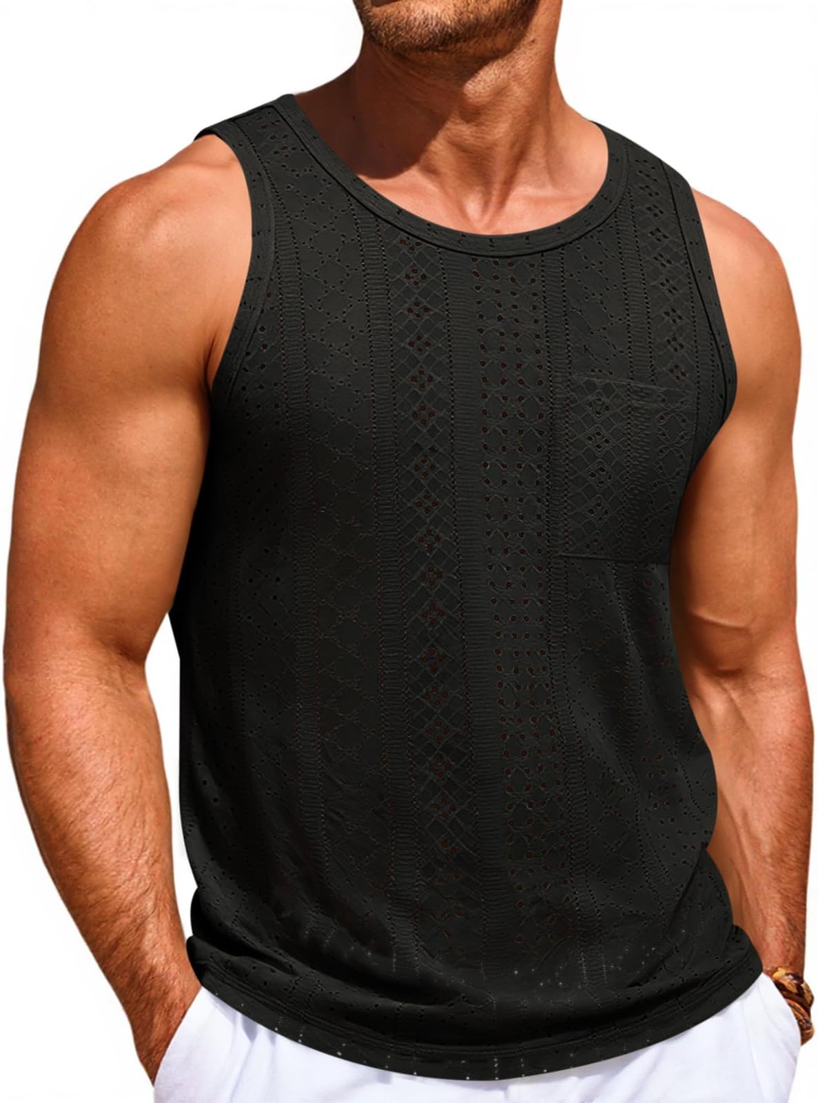 Mens Crochet Tank Tops Casual Sleeveless Hollow Out T-Shirts Muscle Summer Beach Hippie Shirts with Pocket