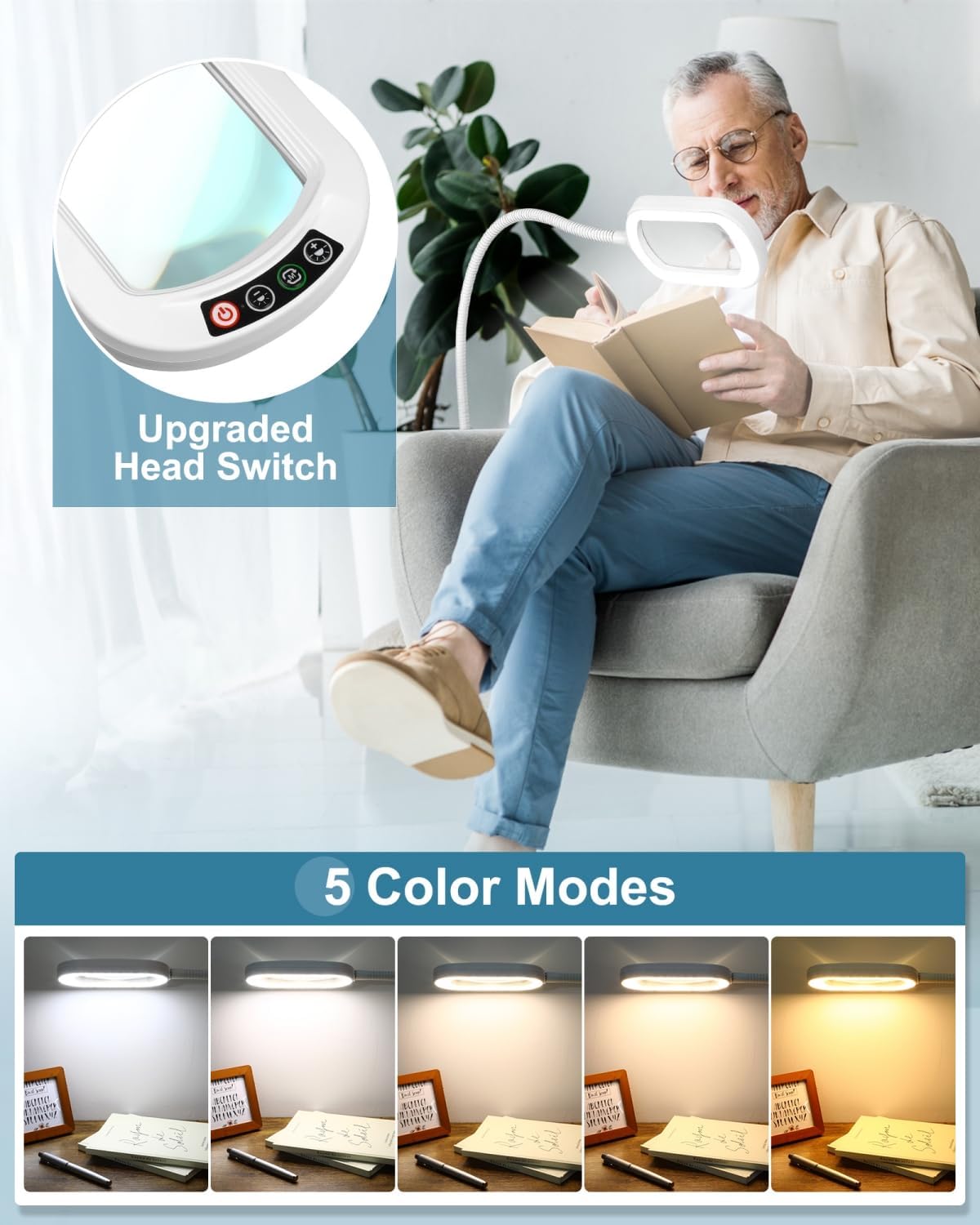 10X Rectangle Magnifying Glass with Light and Stand, 24" Flexible Gooseneck 3-in-1 Floor Lamp, 5 Color Modes Stepless Dimmable, LED Lighted Hands Free Magnifier for Reading Painting Close Work - White
