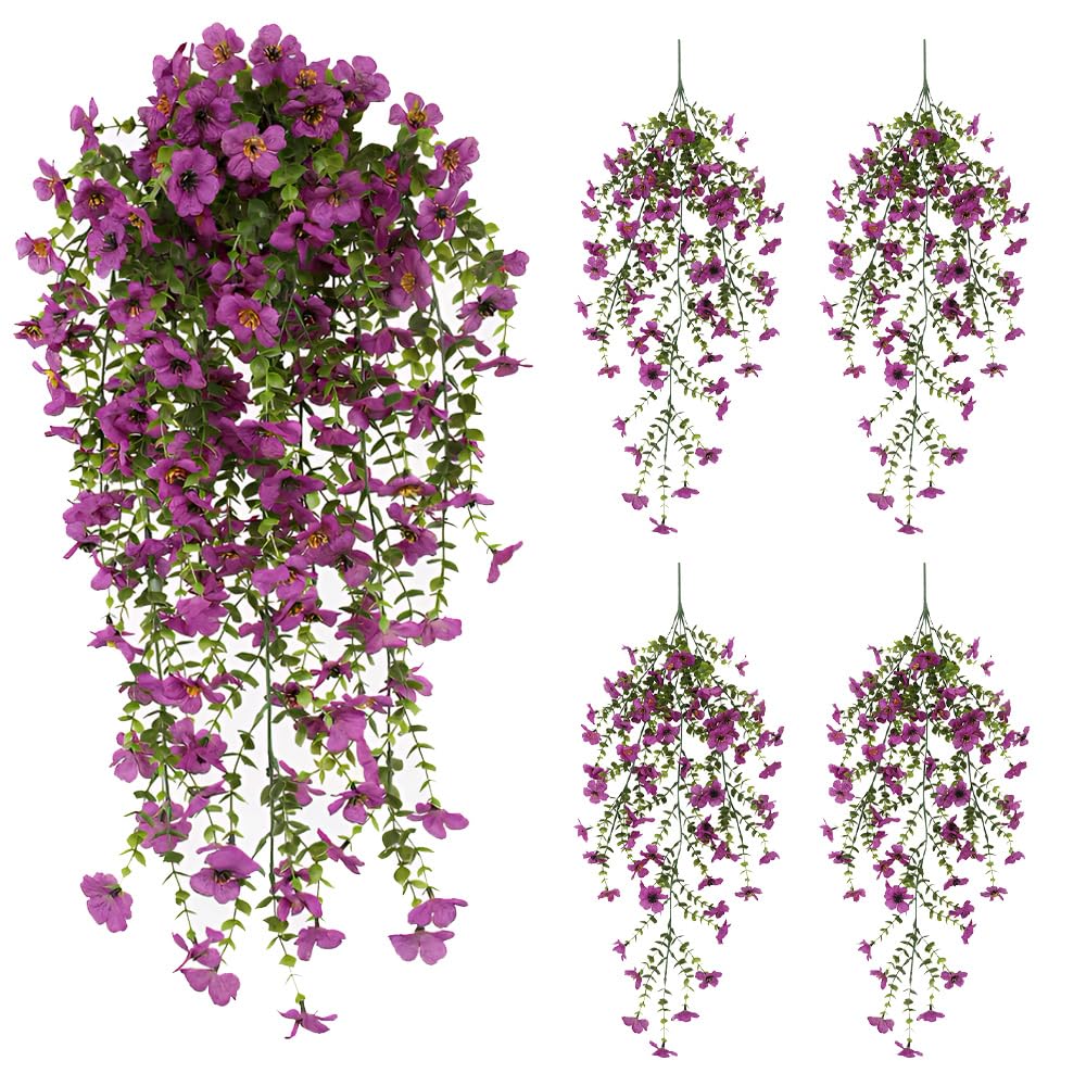 EROCK Artificial Flowers for Outdoors, 4PCS Fake Silk Hanging Flowers for Decoration UV & Fading Resistant, Realistic Faux Plants & Flowers for Porch