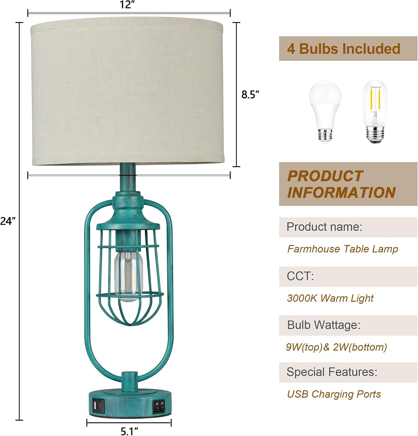 Table Lamps for Living Room End Table Set of 2, Farmhouse Lamps for Night Stands, Industrial Bedside Lamps for Bedroom with USB A+C, Bulbs Included thumbnail