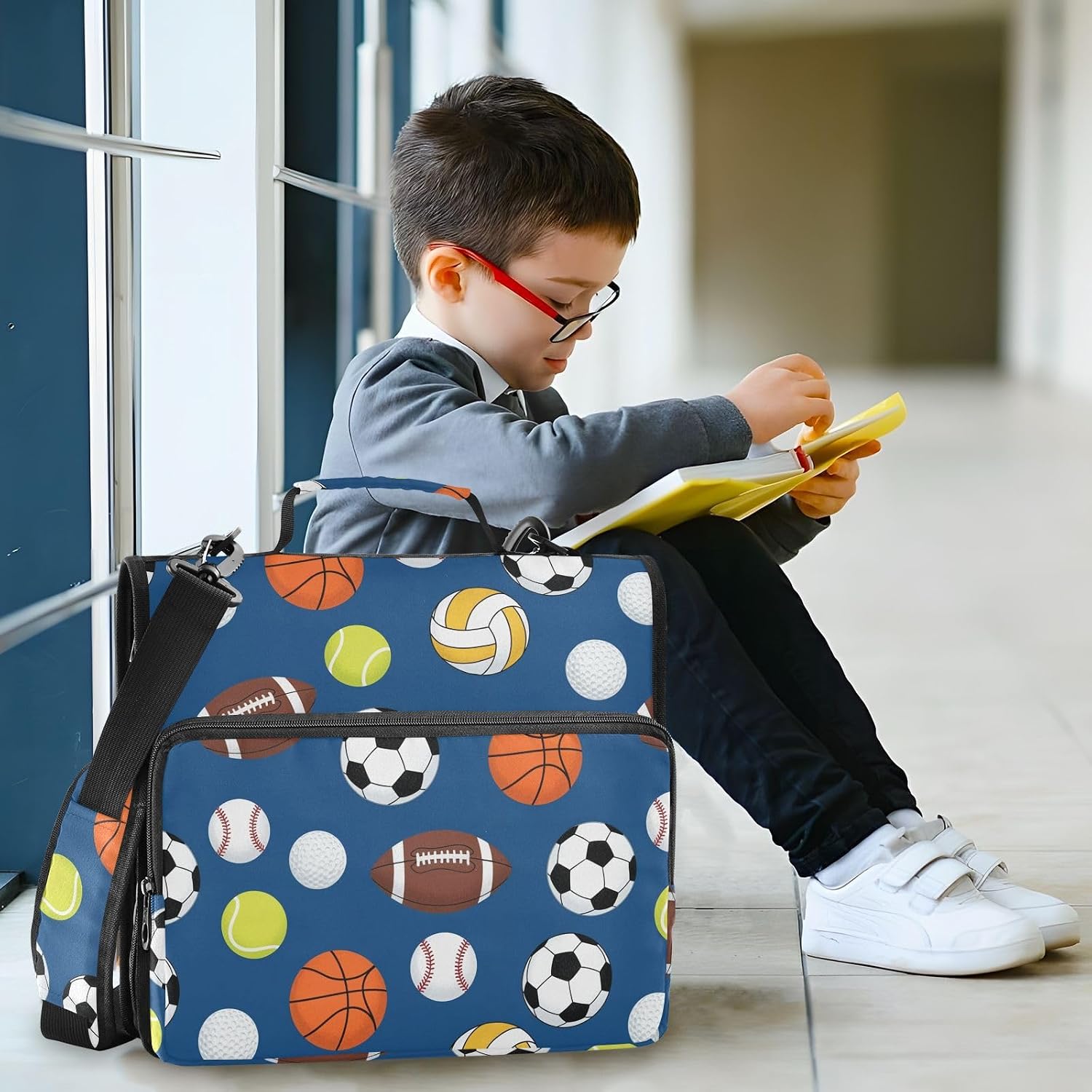 Sports Balls Blue Print Zipper Binder Bag 3 Ring with Shoulder Strap & Handle Multi Pocket Binder Organizer Bag Large Capacity for School Office Supplies
