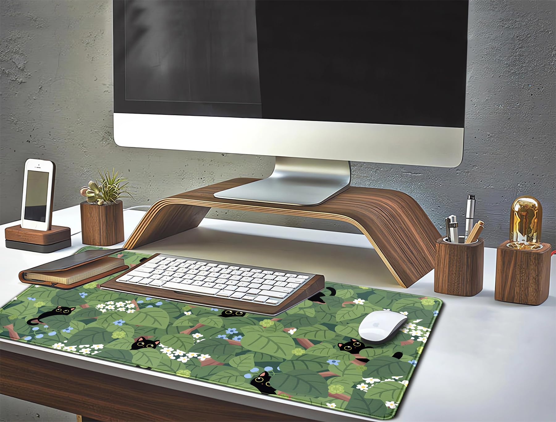 Forest Cats Desk Mat Anime Cat Desk Pad Cute, Kawaii Green Mouse Pad