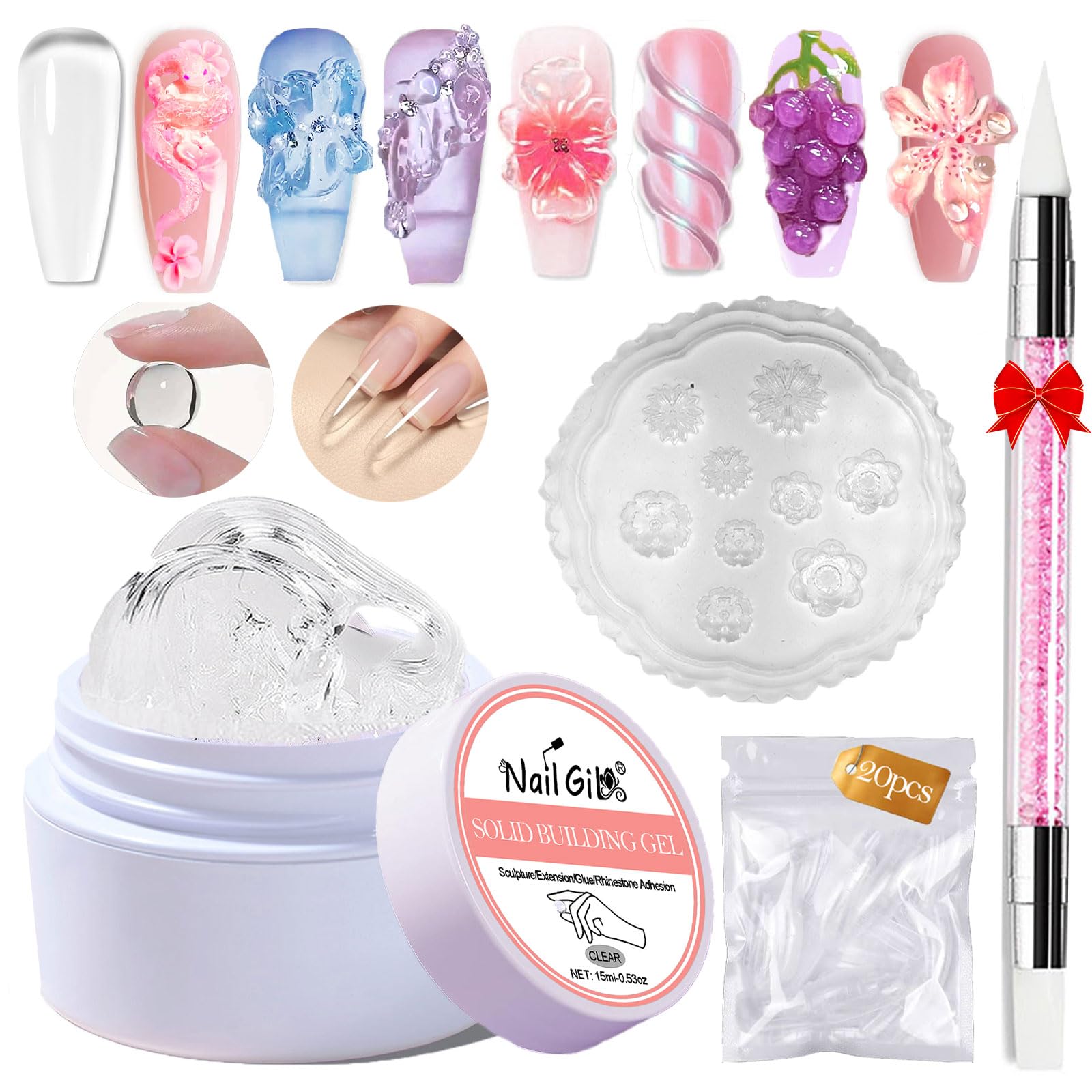 NAILGIL Solid Builder Gel For Nails,3D Nail Art Sculpture Non-Sticky Hand Clear Extension Gel Sock Off UV LED with 3D Silicone Flower Mold Salon DIY at Home-15g/0.53oz 0.53 Fl Oz (Pack of 1)