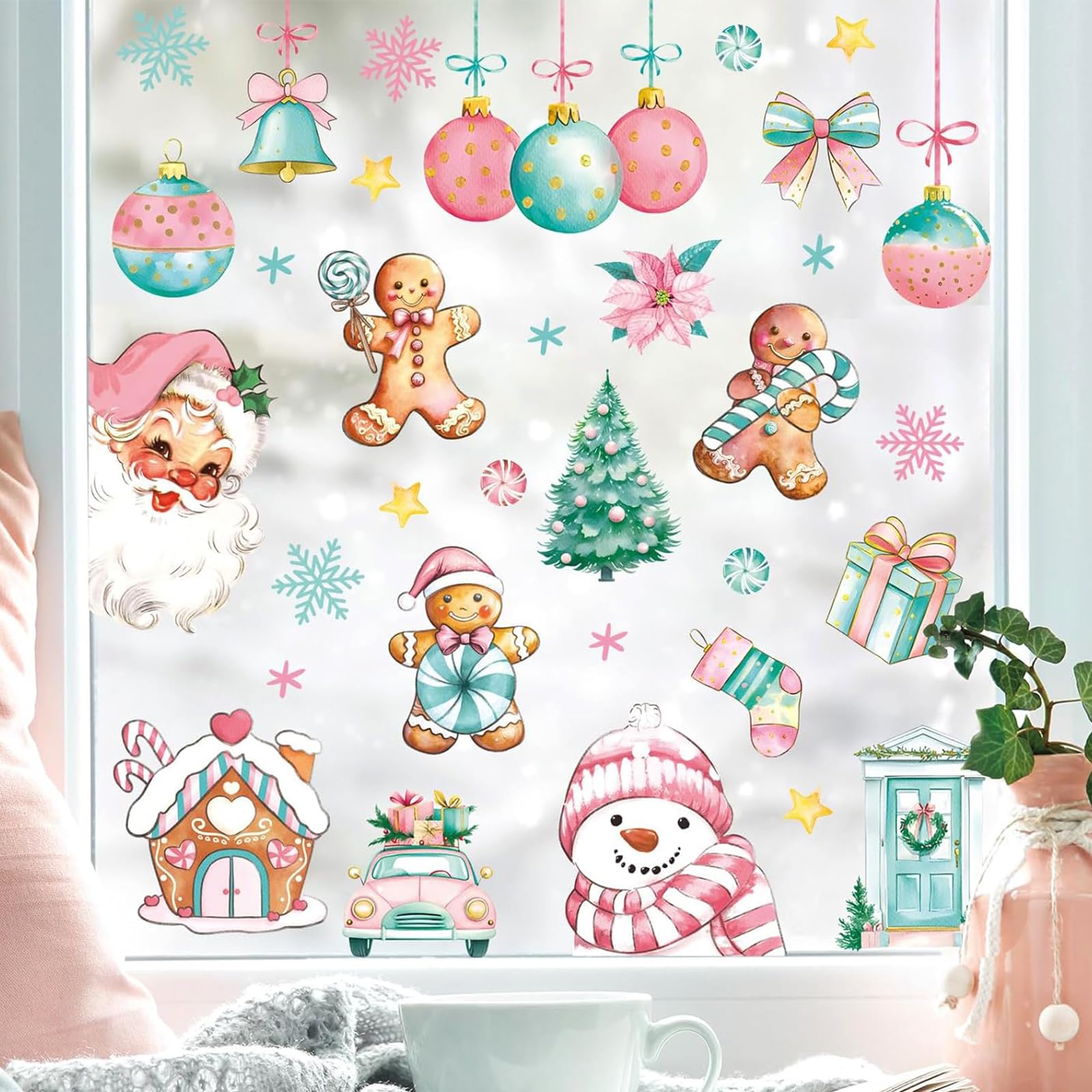 Whaline 9 Sheets Vintage Christmas Window Cling Stickers Pink Gingerbread Santa Snowman Reusable Window Decals Xmas Watercolor Windows Decoration for
