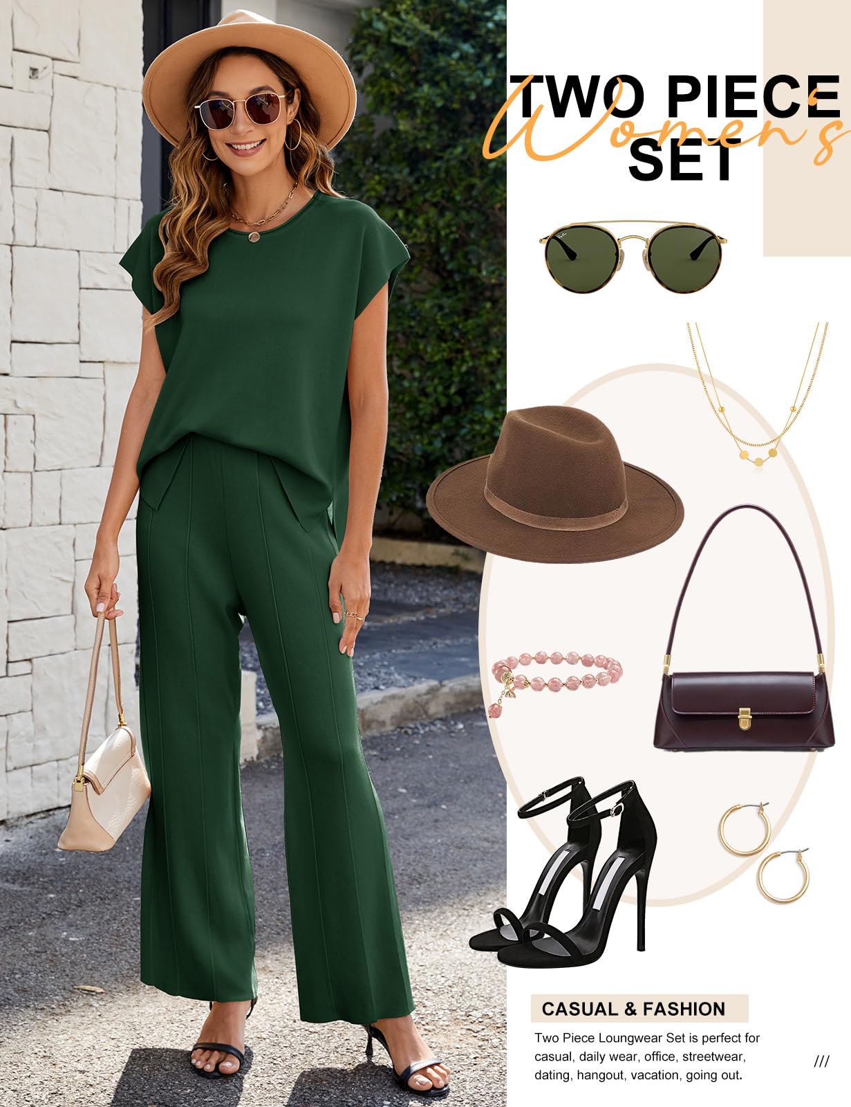 Conjunto Punto Mujer 2 Piezas Ropa Verano Casual Cuello Redondo Tops Manga Corta de Punto y Cómodo Pantalon Suelto Moda Conjuntos Loungewear Deportivo