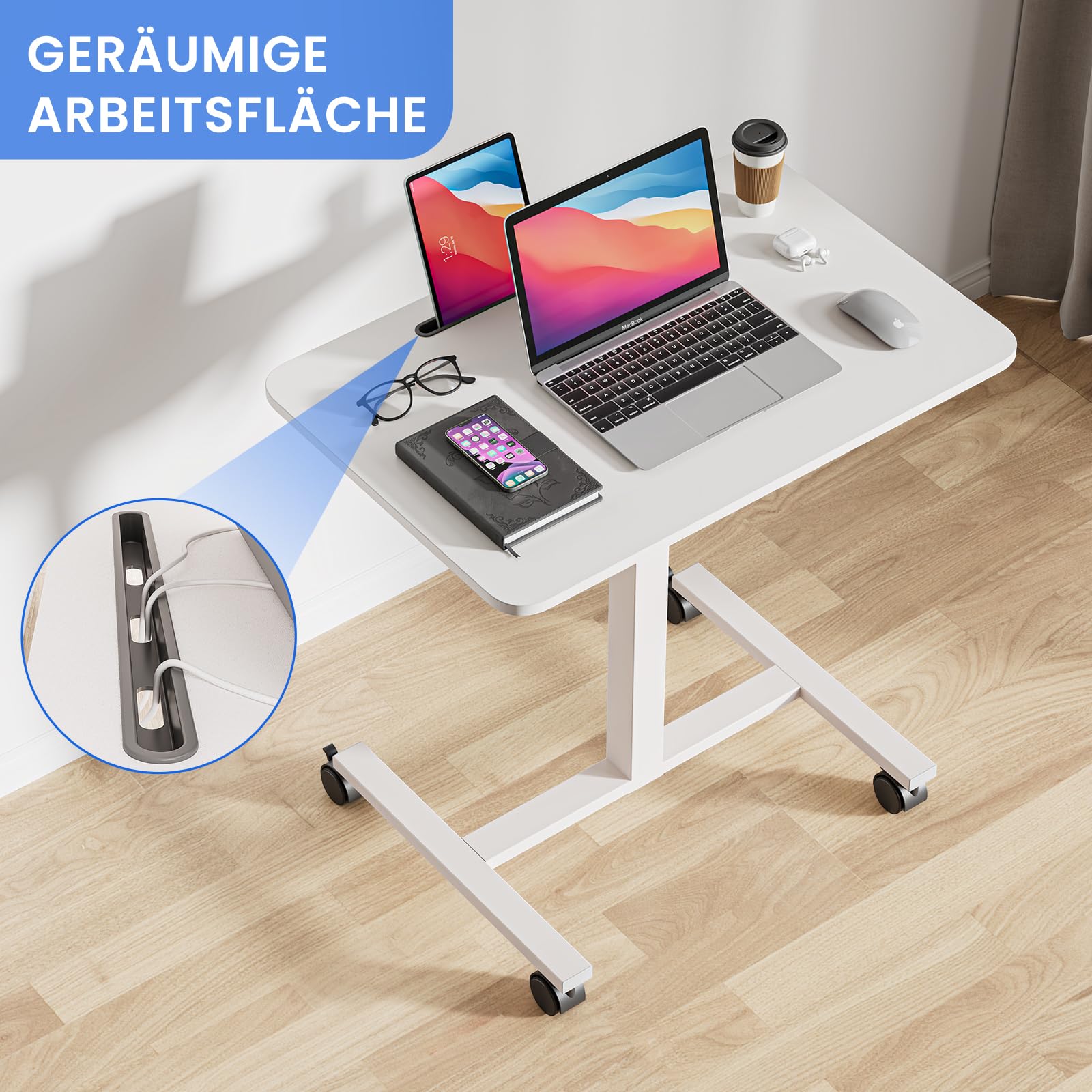 Dripex Computertisch höhenverstellbar mit Rollen, Nut für Tablet oder Handy, Steh-Sitz PC Tisch, Schreibtisch klein, mobiler Stehpult, pflegetisch, beistelltisch, weiß