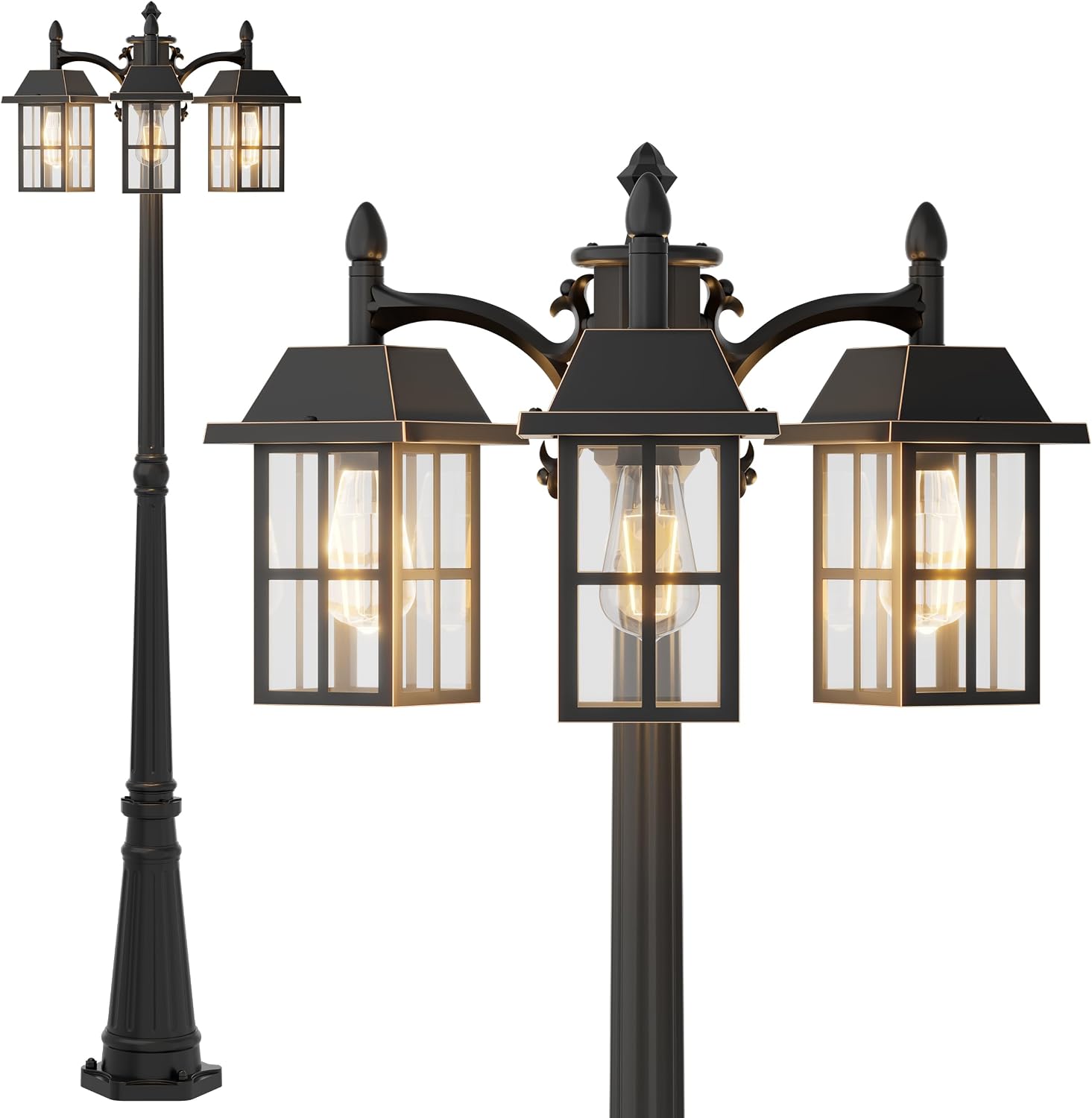 Outdoor Lamp Post Light, Exterior Light Outside Lamp for House Hardwired 120V, Waterproof Vintage Porch Lantern Fixtures Black with Glass for Garden Yard Patio (Style D-218P3)