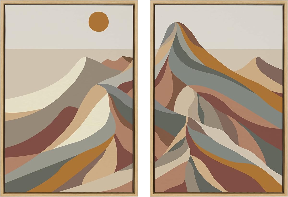 Kate and Laurel Sylvie Mid Century Modern Mountains Framed Canvas Wall Art 2 Piece Set by Rachel Lee, 23x33 Natural, Colorful Modern Abstract Landscape Wall Décor