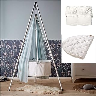 Leander - Juego de cuna (incluye cuna, con trípode, color blanco, velo dusty Blue, 2 sábanas bajeras blancas, 1 cubrecolchón