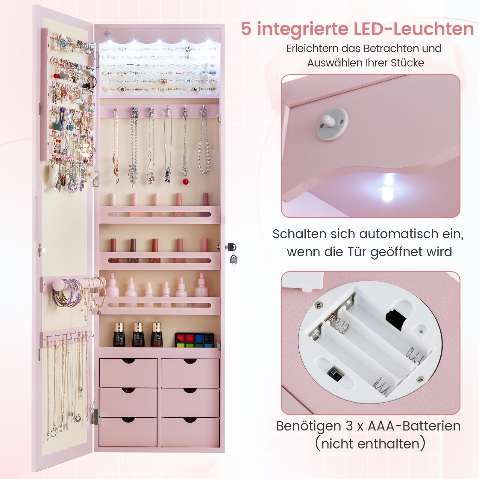 RELAX4LIFE Schmuckschrank mit automatischen LEDs, Schmuckregal mit 6 Schubladen & 3 Lagerregalen & Spiegel, Schmuckorganizer für Ohrringe Armband Kette Ringe Kosmetik, Tür- & Wandmontage (Rosa)