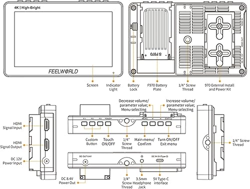 Miniatura 6 de FEELWORLD F5 Prox+NP-F970 batería+cargador con estuche 5.5 pulgadas de alto brillo cámara monitor de campo pantalla táctil 1600nit 1920 * 1080 4K
