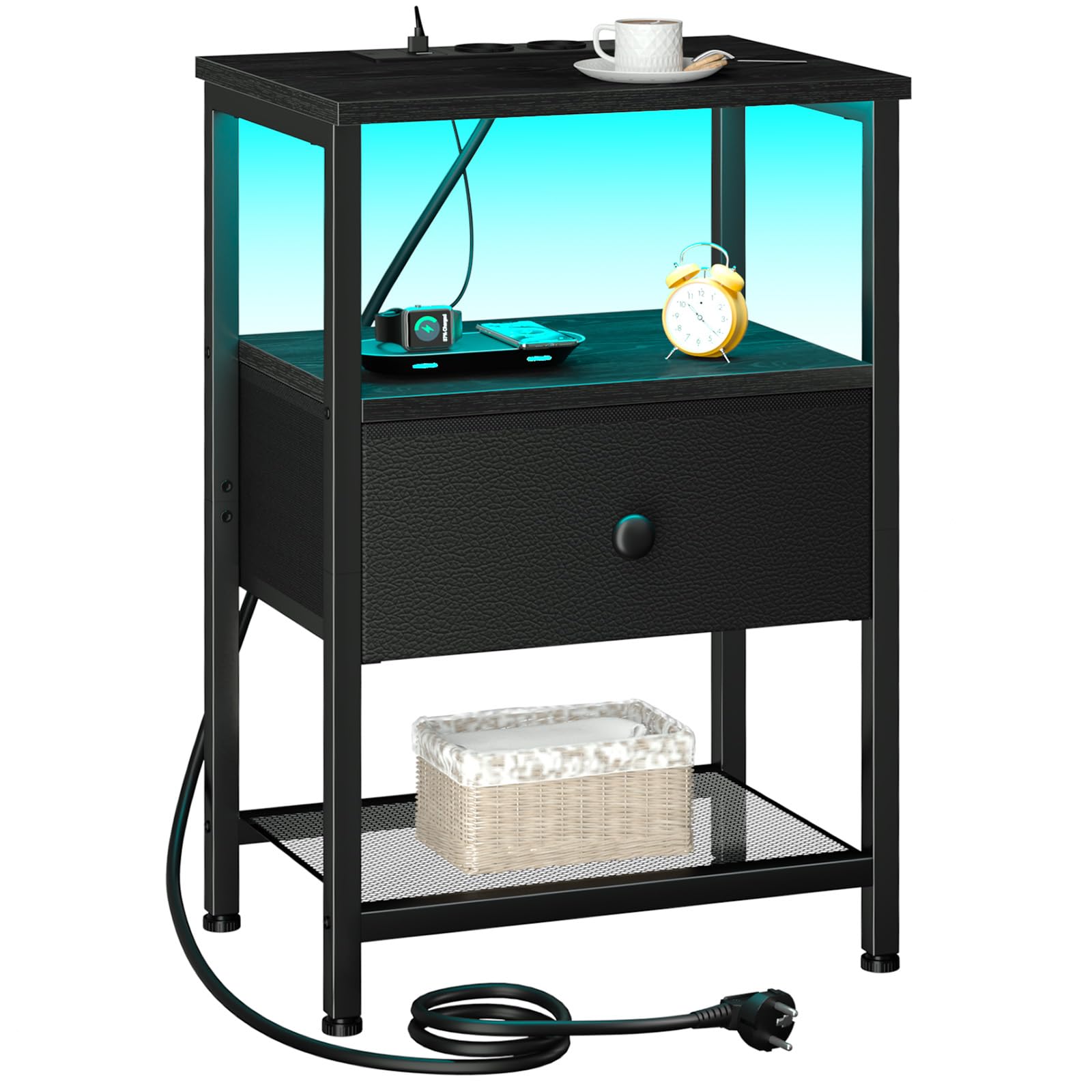 AMHANCIBLE Nachttisch, Beistelltisch mit Ladestation und LED-Leuchten