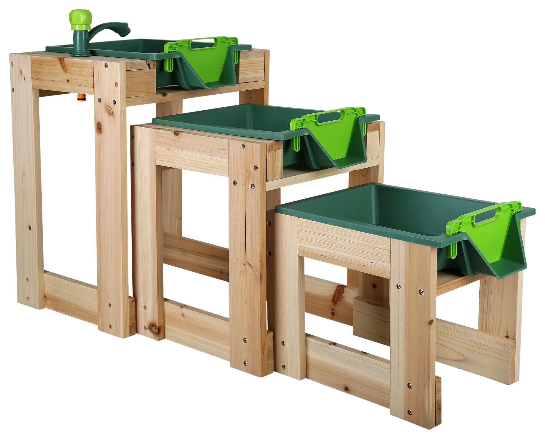 ToyToyToy Wasserbahn 3 teilige Wasserstraße mit Holzgestell Wasserhahn Schleusen Schlauchanschluss