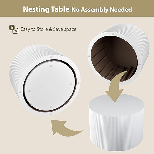 Miniatura 3 de Juego de 2 mesas auxiliares redondas, modernas mesas auxiliares de madera blanca anidables para sala de estar, no requiere montaje, mesa auxiliar