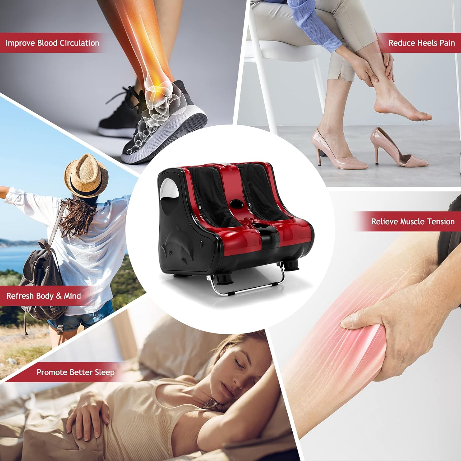 Giantex Foot and Calf Massager with Heat - Shiatsu Foot Massager Machine with Vibration, Deep Kneading, 3-Level Intensity Modes, Electric Foot Massager for Tired Feet, Leg, Calf Pain Relief (Red)