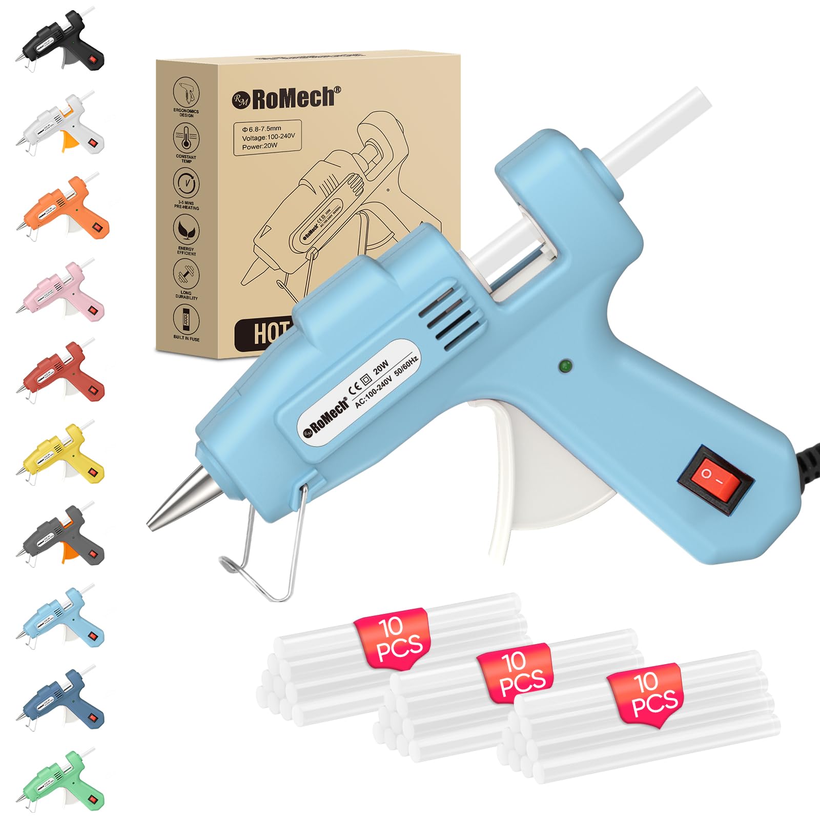 ROMECH 20W Mini Hot Glue Gun Kit, 30 Glue Sticks Set for DIY Crafts, Repair