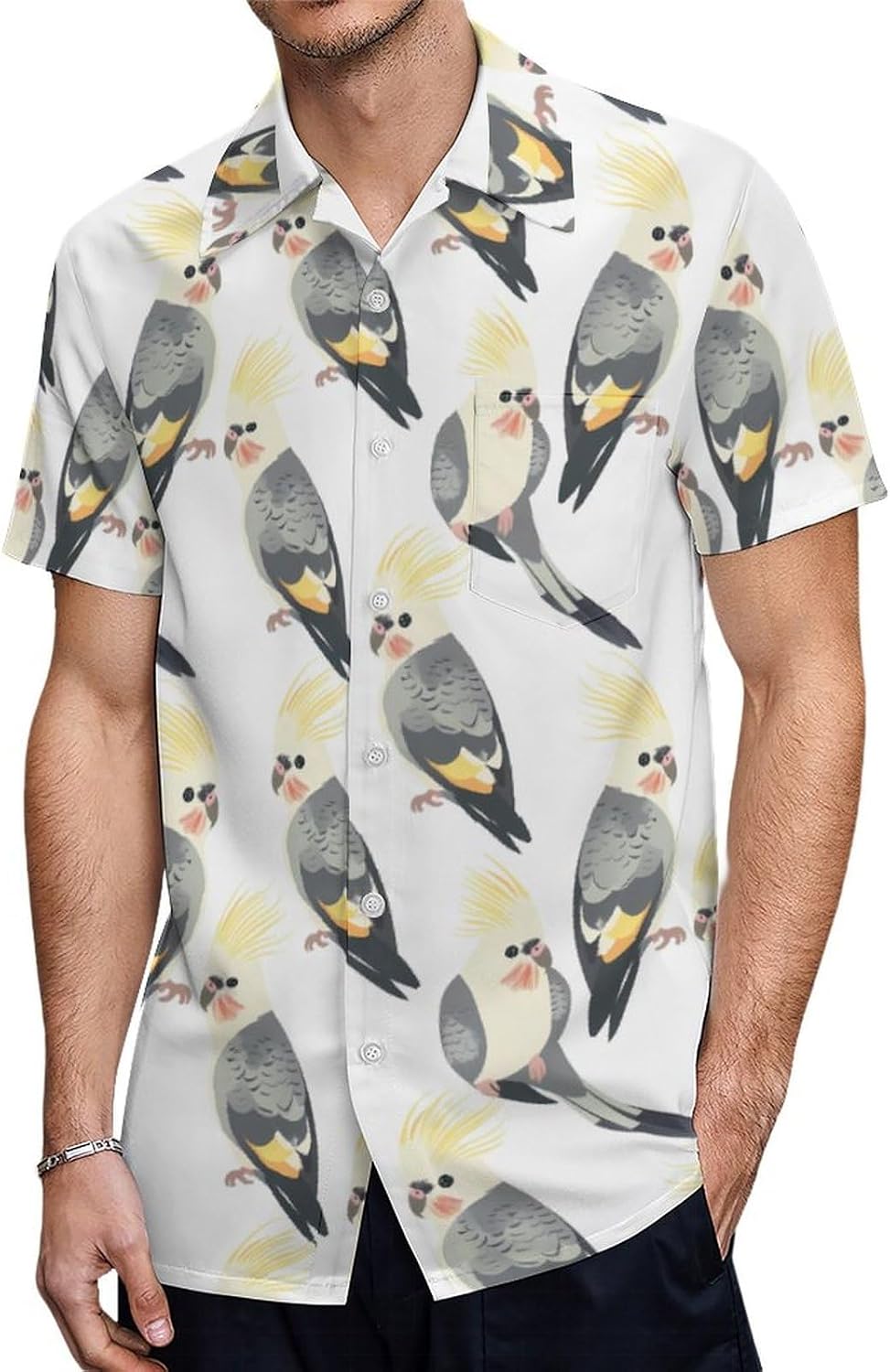 Cute Cockatiel Birds Men's Short Sleeve Shirts Casual Novelty Printed Button Down Tops