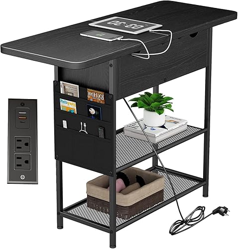 cazata Mesita de noche con estación de carga rápida, mesa auxiliar de sofá abatible con puertos USB C y tomas, junto a la mesa con cajones y bolsas