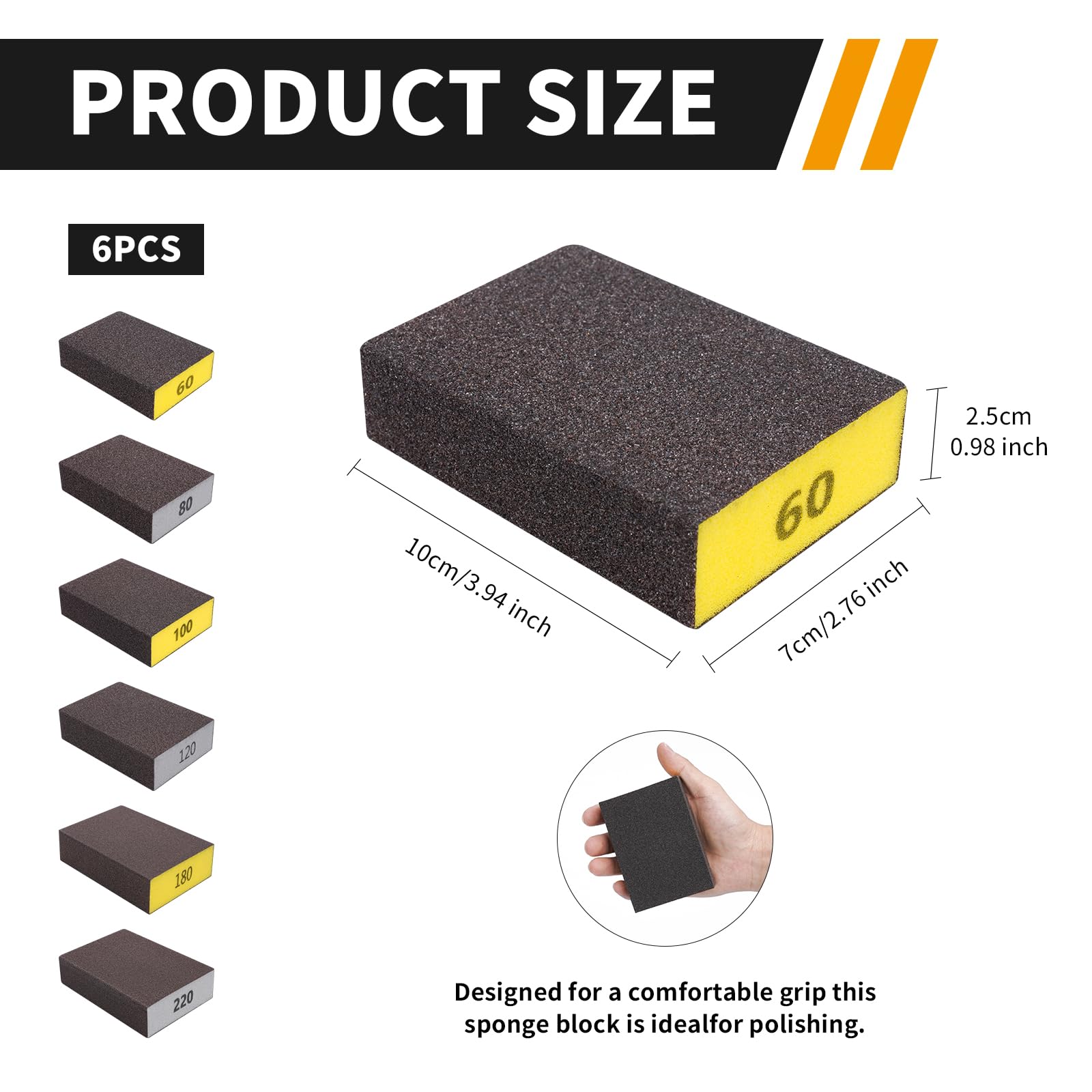 Sanding Sponge Set, 6 Pack, 60/80/100/120/180/220 Grit, Washable Reusable Sanding Blocks for Wood, Drywall, Metal