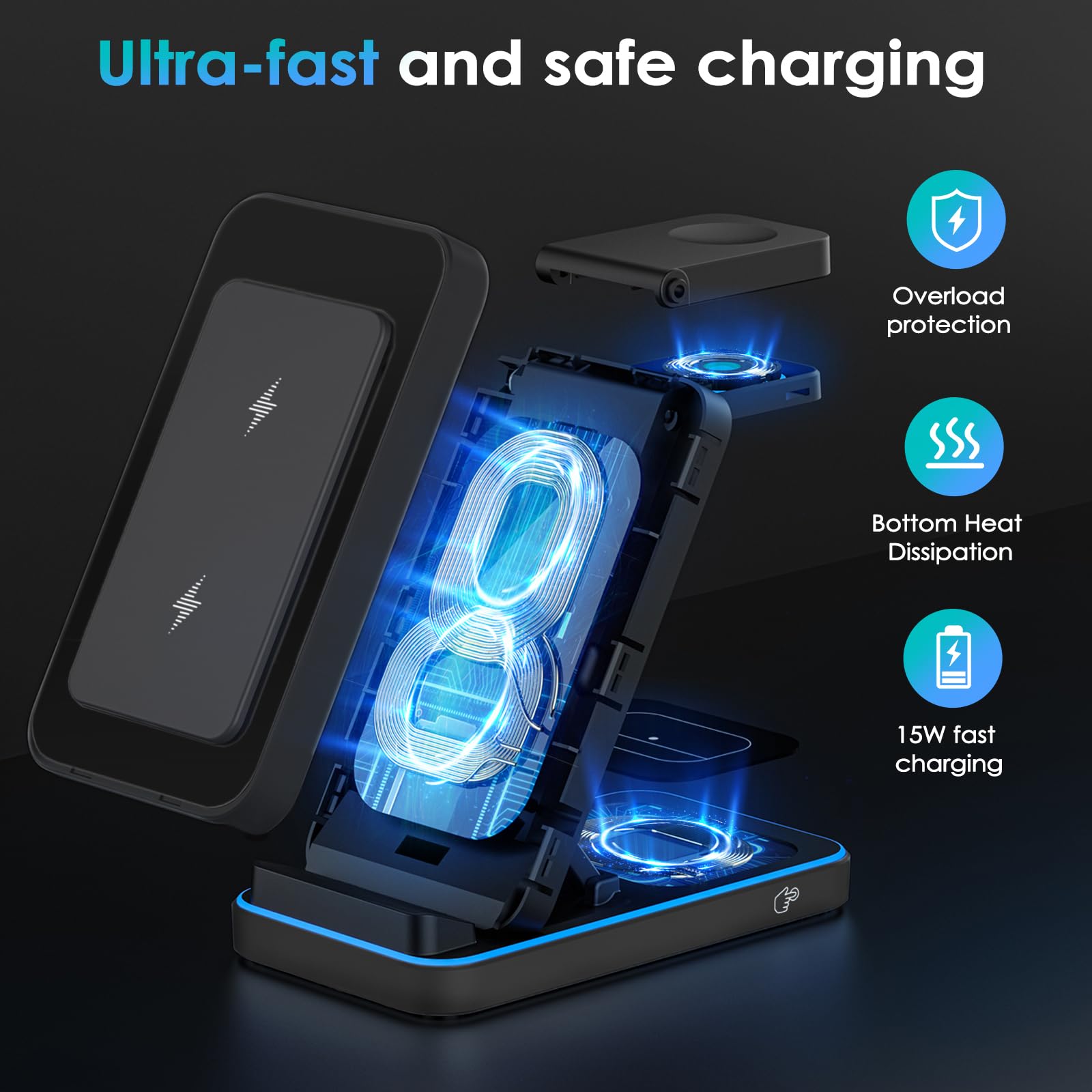 Indukcyjna stacja ładująca 3 w 1, bezprzewodowa ładowarka do urządzeń Apple z adapterem, 15 W Max Fast wielofunkcyjna ładowarka do iPhone'a/Samsunga/Apple Watch/Apple Słuchawki douszne (czarna)