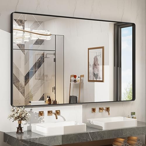 Miniatura 72 de Espejo de baño con marco negro de 20 x 30 pulgadas para pared, espejo de pared con marco de metal mate, espejo rectangular de esquina redondeada
