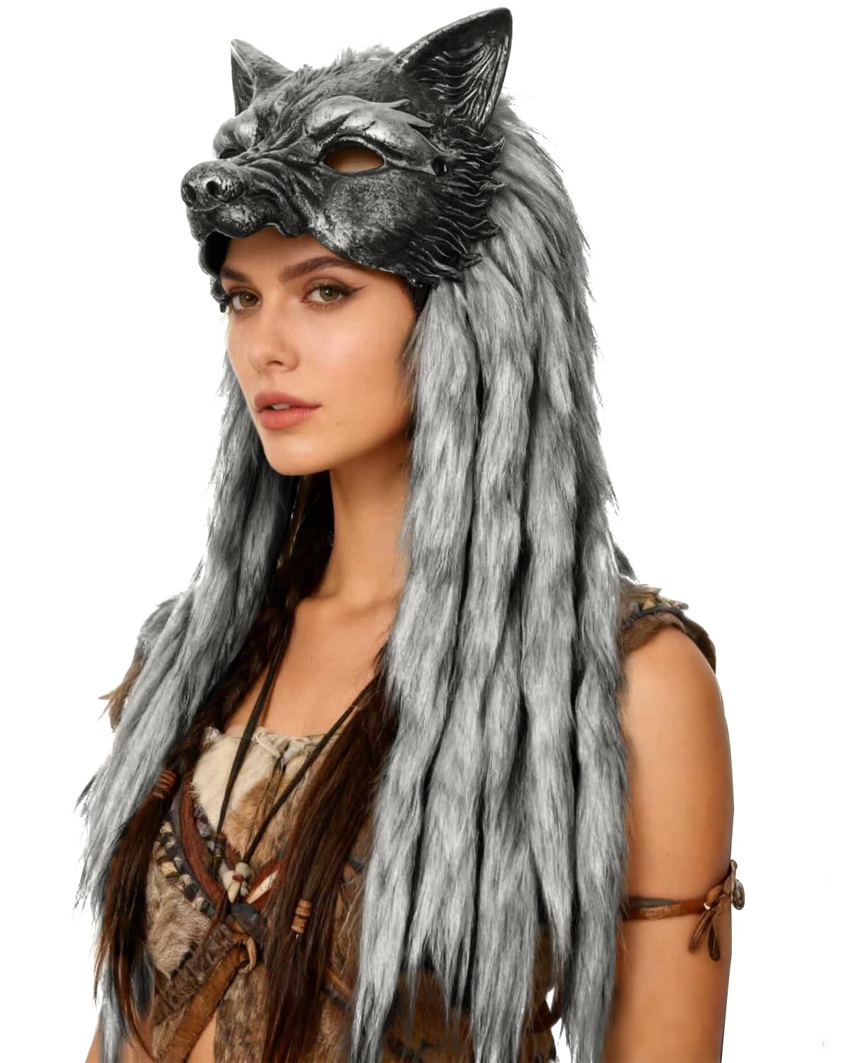 L'VOW Viking Fur Wolf Mask Werewolf Cosplay Barbarian Headress, Grey, One size
