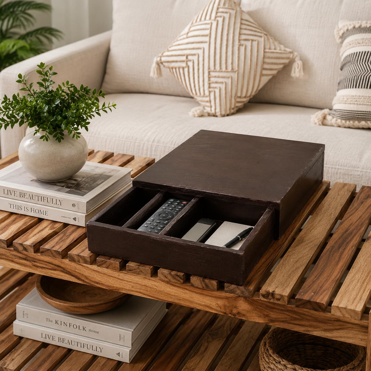 Wooden Desktop Organiser Box with Sliding Drawer, Dark Brown | Hidden Storage, Living Room Decor, Remote Caddy, Tabletop Organiser, Espresso Finish-picture-21