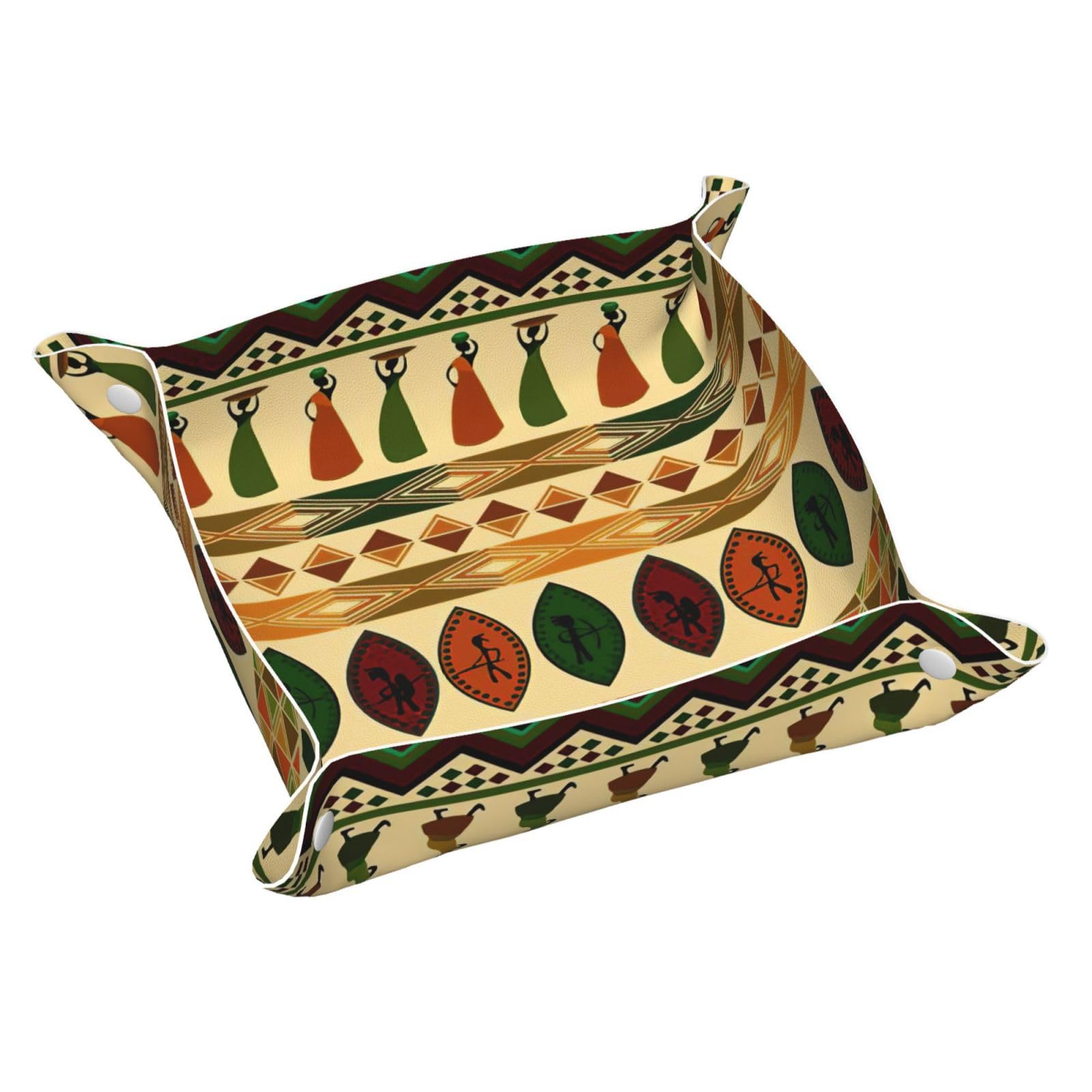 Duwaa Men's White Bohemia Style Traditional African Pattern Print Leather Catchall Tray, Desktop Tray, Jewelry Organizer, For Change,Key,Phone,Glasses