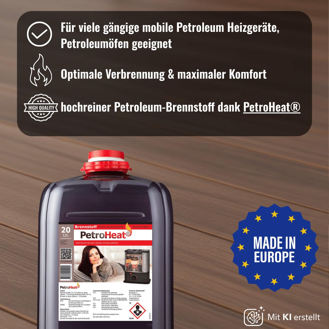 Petroleum 20l geruchsarm für Petroleumofen Heizofen Heizer Lampen Öllampe Heizgeräte Kamin Dochtbrenner Camping Werkstatt inkl. Reinigungstuch