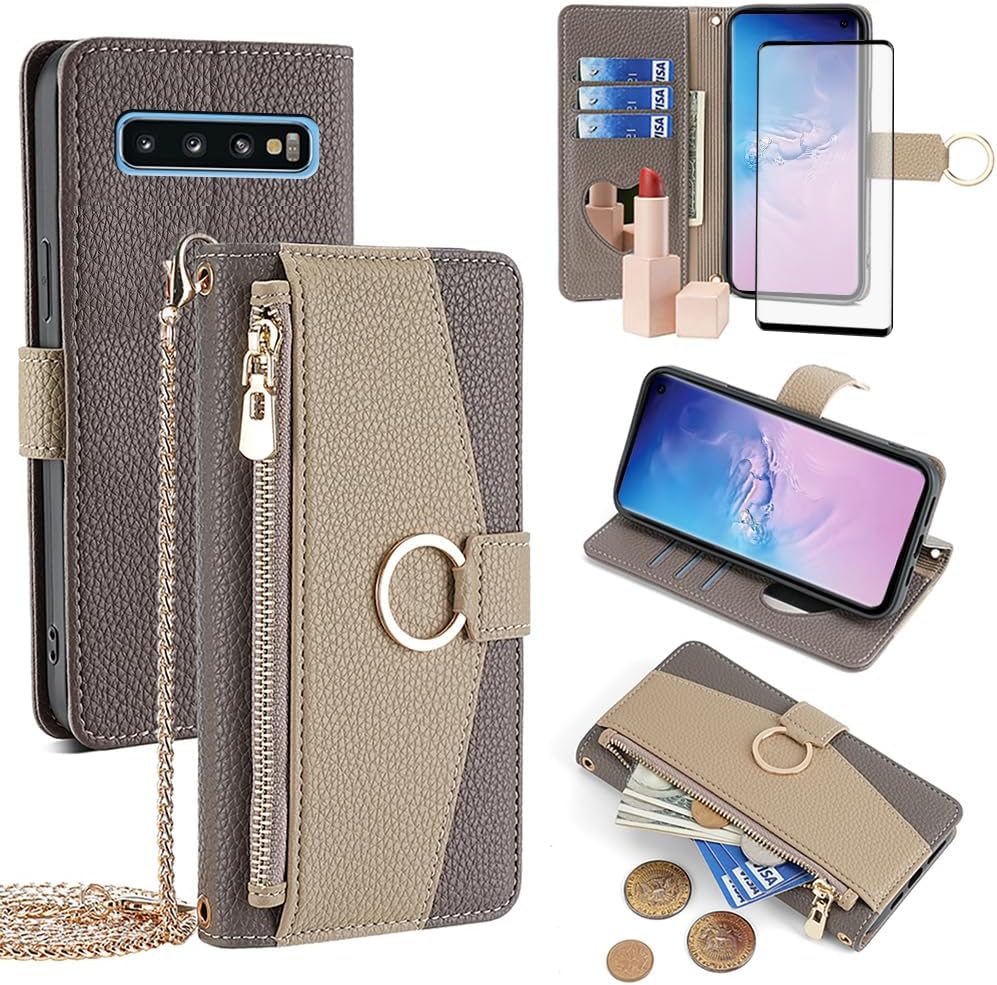 Asuwish Phone Case for Samsung Galaxy S10e Wallet Cover with Tempered Glass Screen Protector and Mirror Flip Cover Ring Credit Card Holder Crossbody Strap Stand Cell S 10e 10se Se10 Women Girls Gray