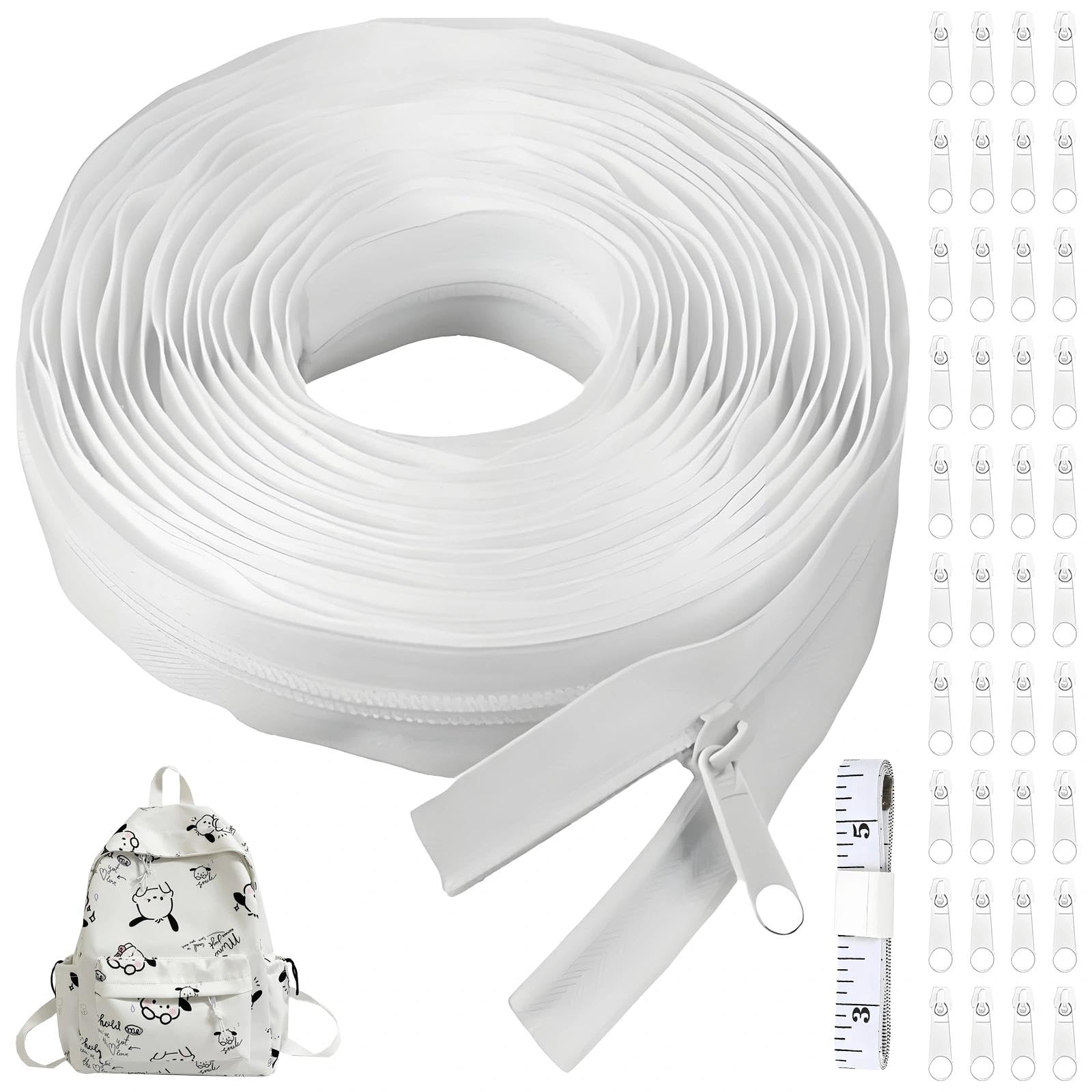Jiuchaotong White 20M Continuous Nylon Coil Zipper, Zips For Sewing With 40 Sliders Metal, Heavy Duty Zip, With Soft Tape Measures, For Diy Sewing Tailor Craft Supplies