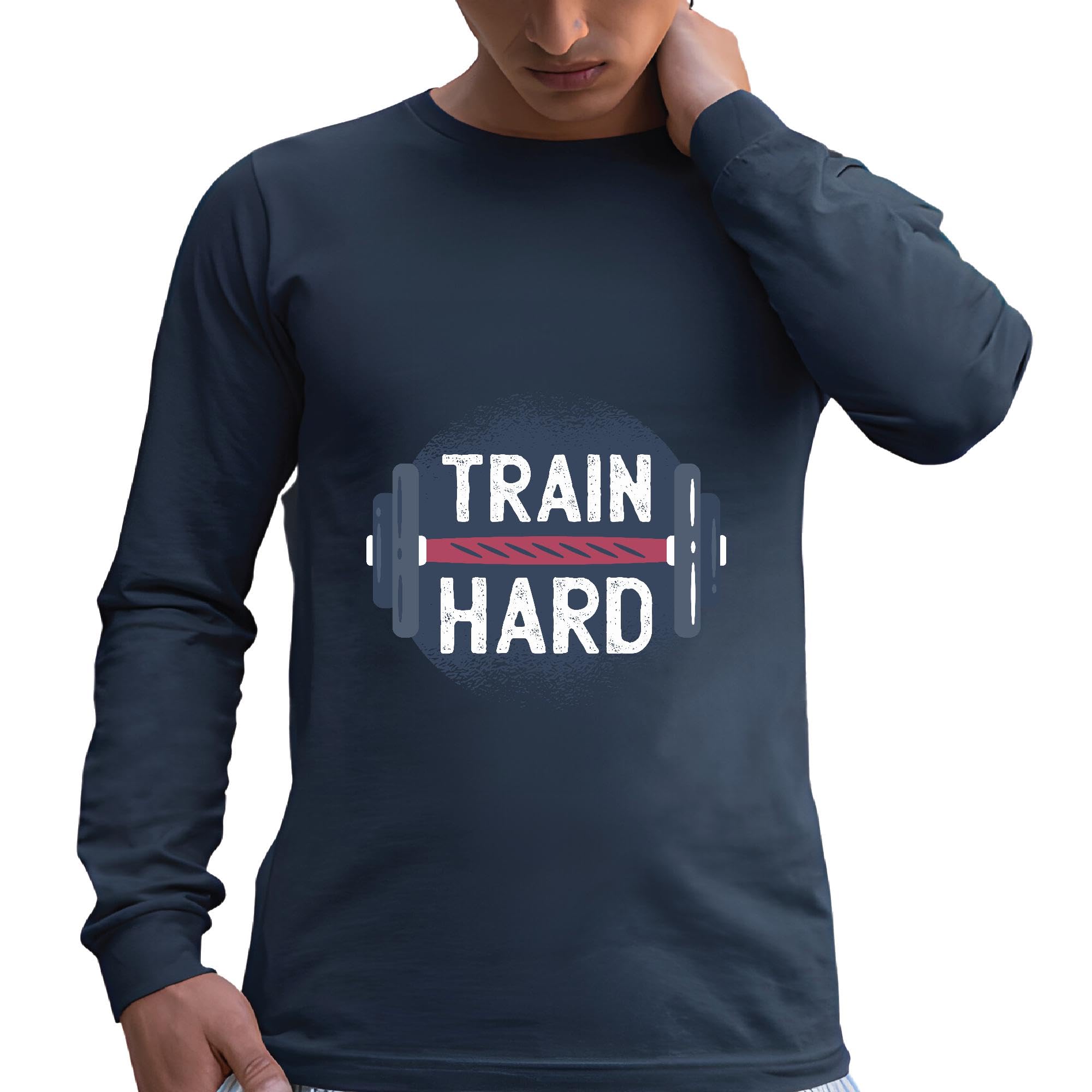 Gym Gift for Fitness Lovers Train Hard Dumbbell Illustration with Caption on Black Background Black and Muticolor Unisex Long Sleeve T Shirt