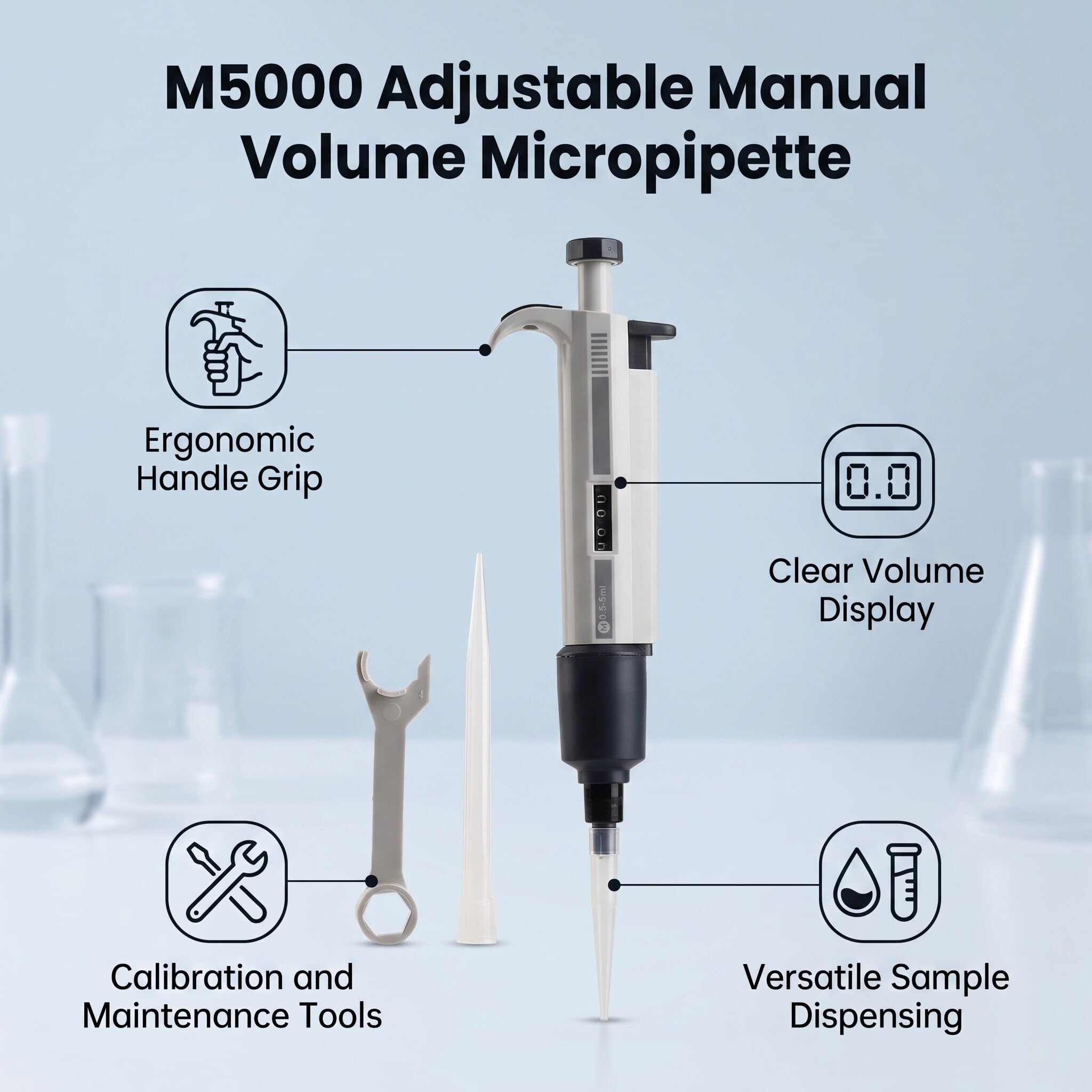 M5000 Volumen-Mikropipette, M5000 1000–5000 Ul, Einstellbares Manuelles Volumen-Mikropipette, Professionelle Pipette für Wissenschaftslabor-Pipettierzubehör