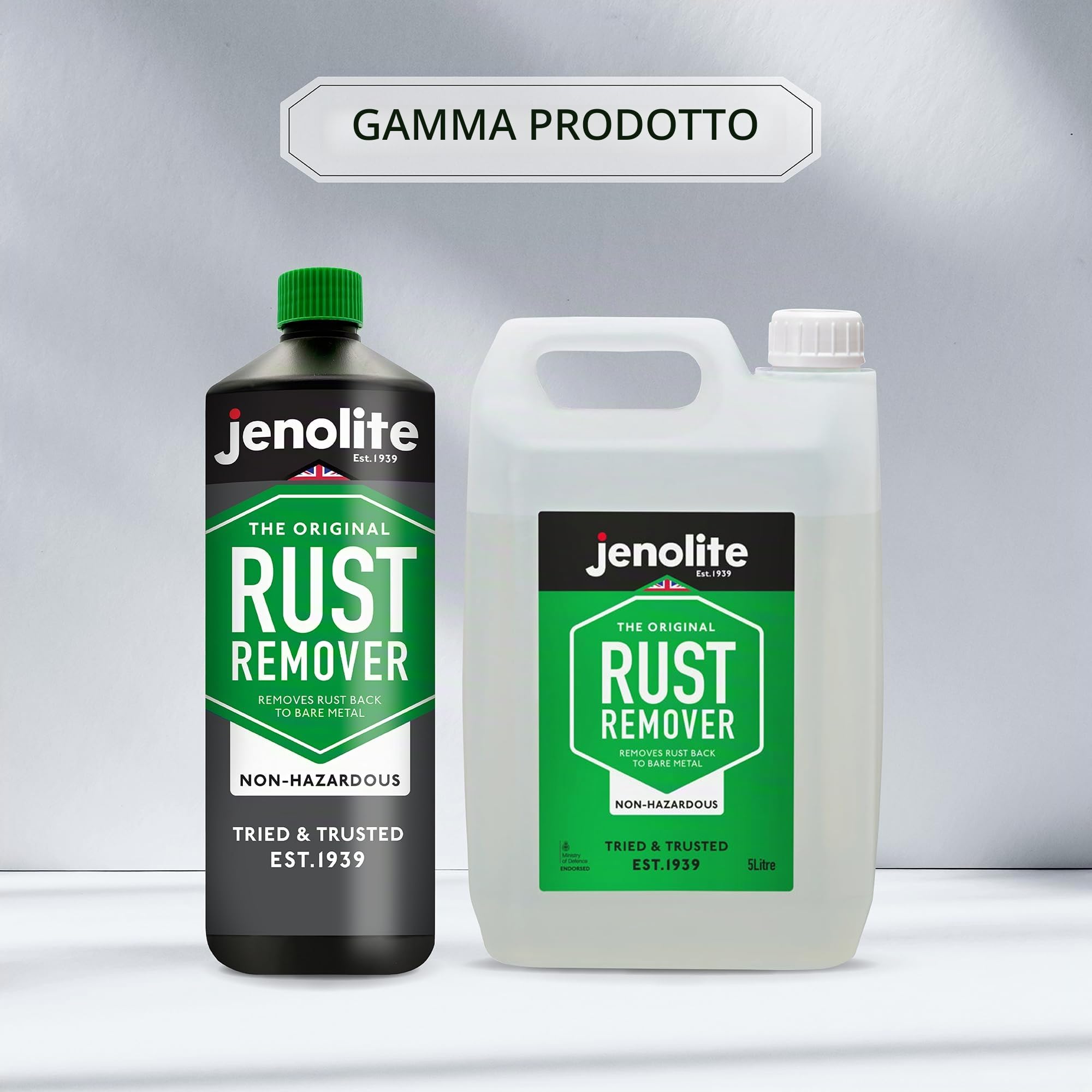 JENOLITE Rimozione della ruggine Non pericoloso | rispettoso dell'ambiente | Antiruggine a base acqua per ferro, acciaio, cromo, rame, ottone | Ideale per serbatoi di carburante arrugginiti | 5 litri